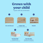 Hadley driftwood crib with drawer showing all 5 conversions 