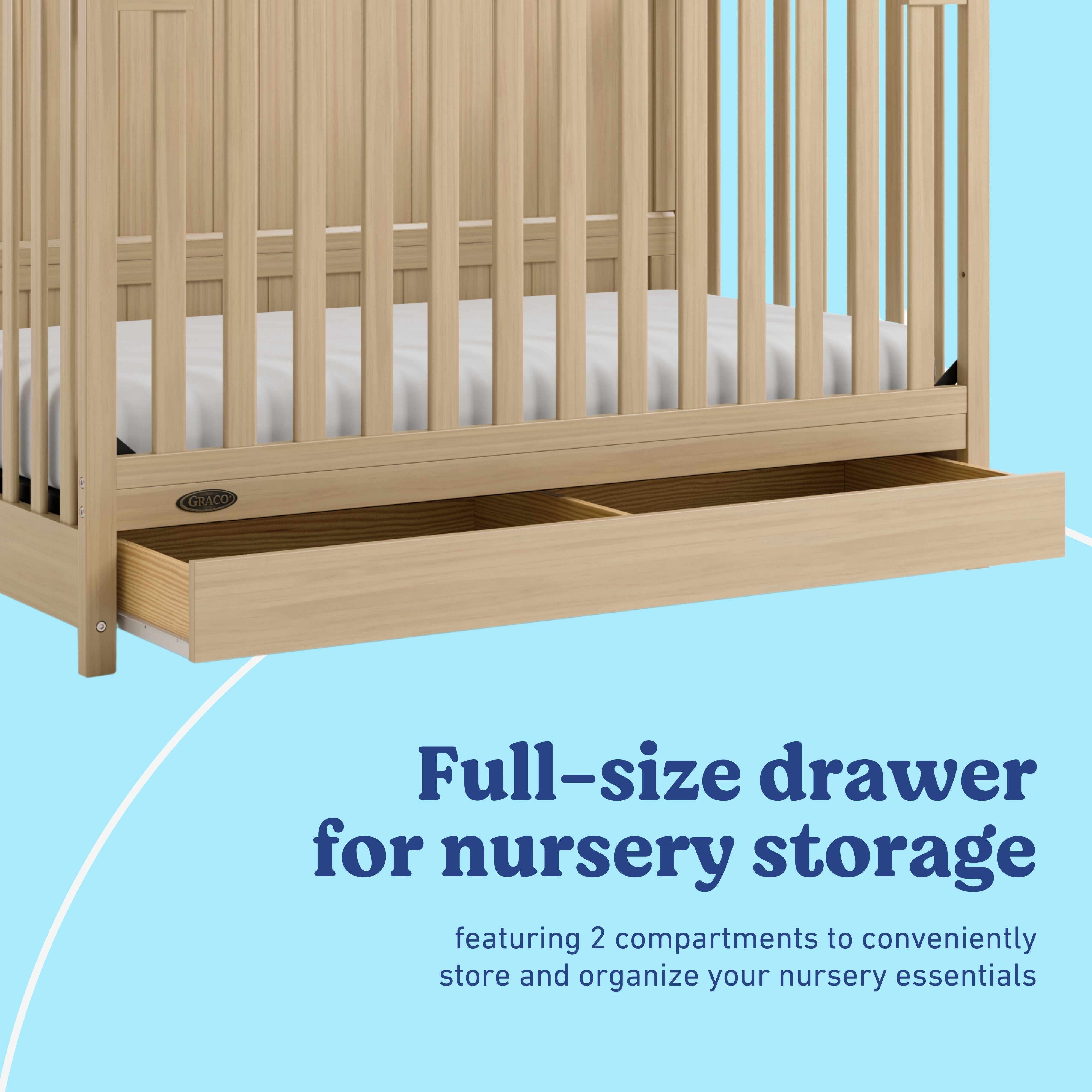 Hadley driftwood crib with drawer storage callout