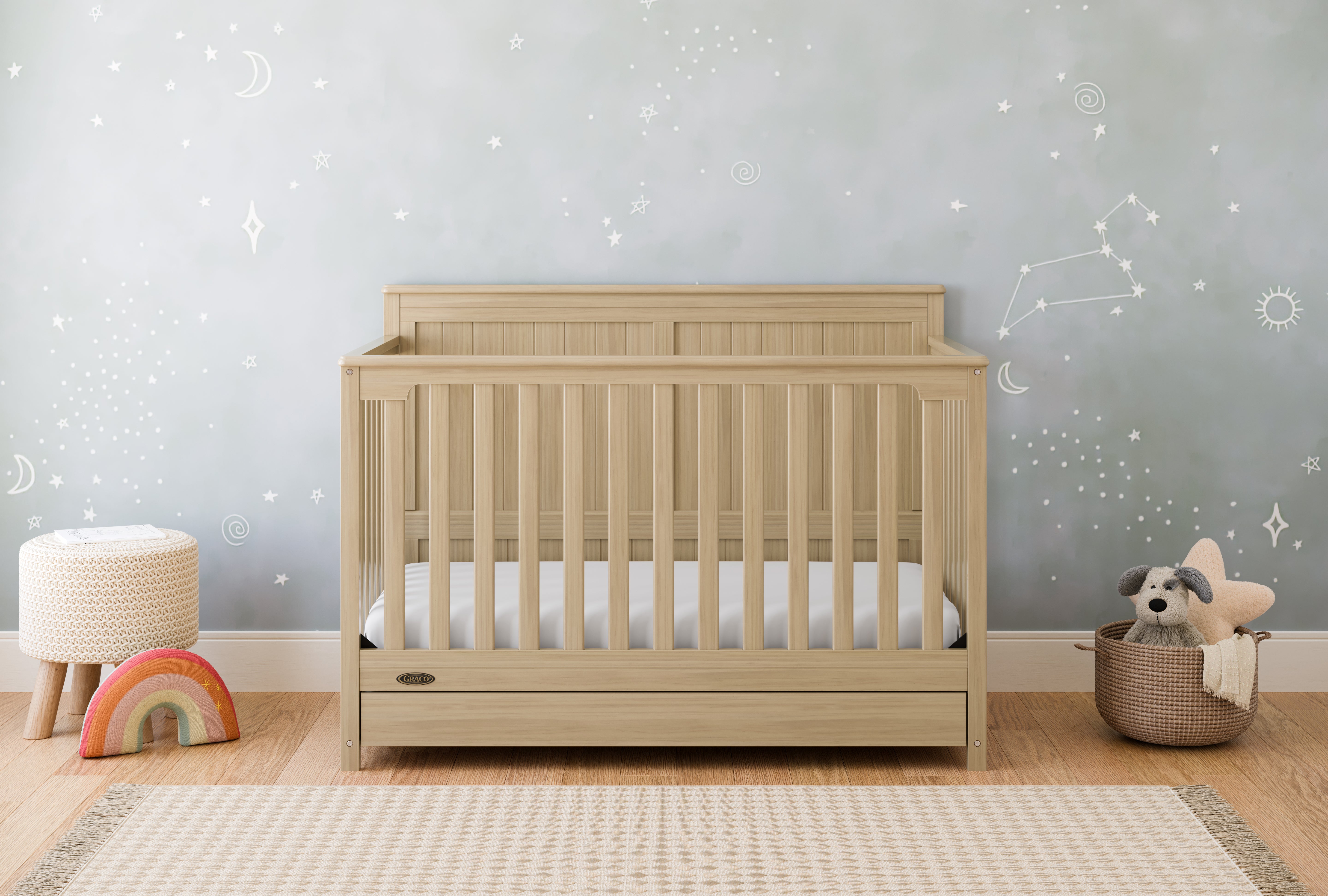 Hadley driftwood crib with drawer in nursery