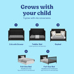Hadley black crib with drawer showing all 5 conversions 