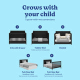 Hadley black crib with drawer showing all 5 conversions 