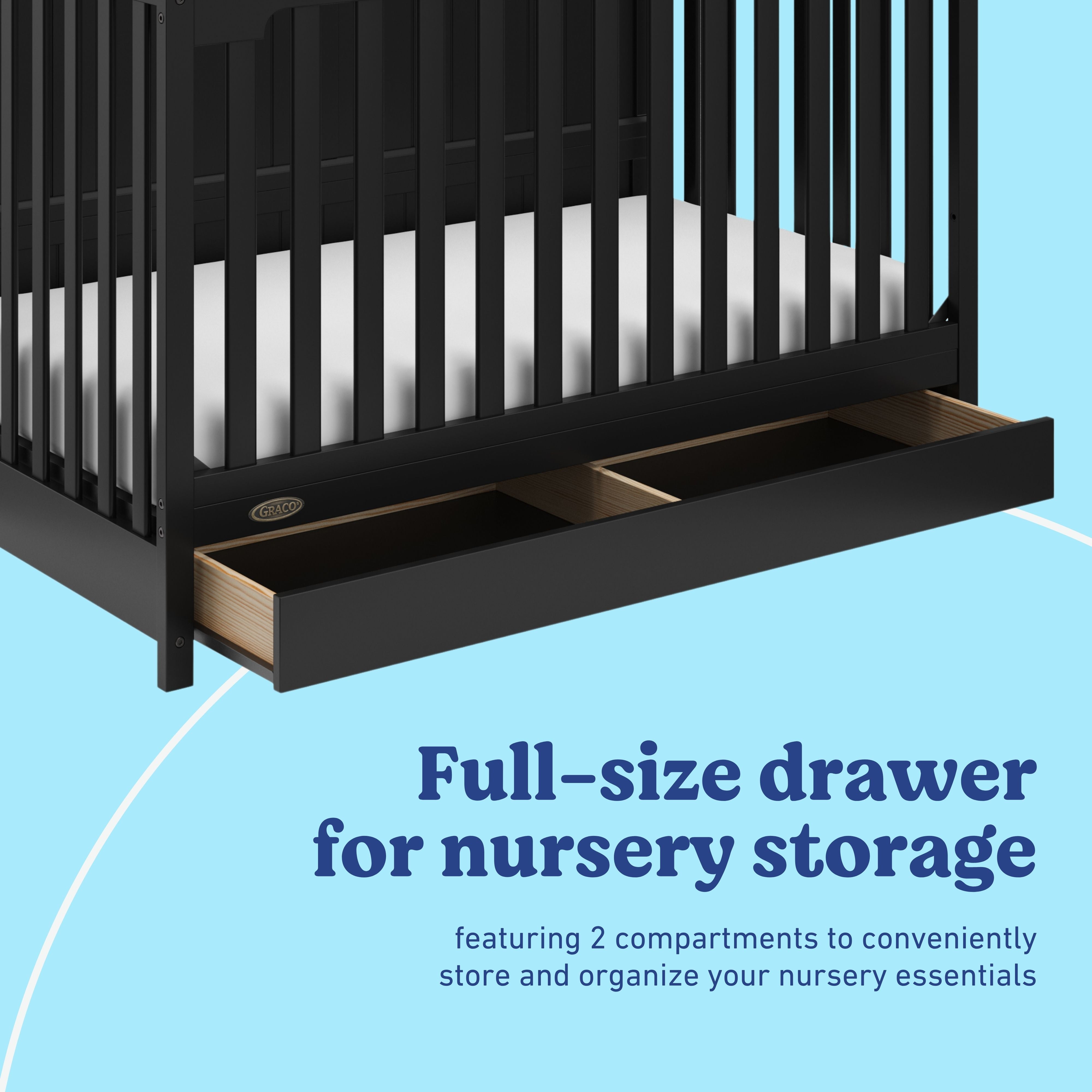 Hadley black crib with drawer storage callout