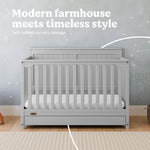Hadley pebble gray crib with drawer in nursery style callout