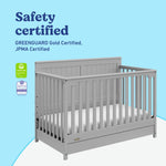 Hadley pebble gray crib with drawer with GGG and PTPA logos