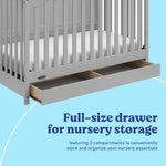 Hadley pebble gray crib with drawer storage callout