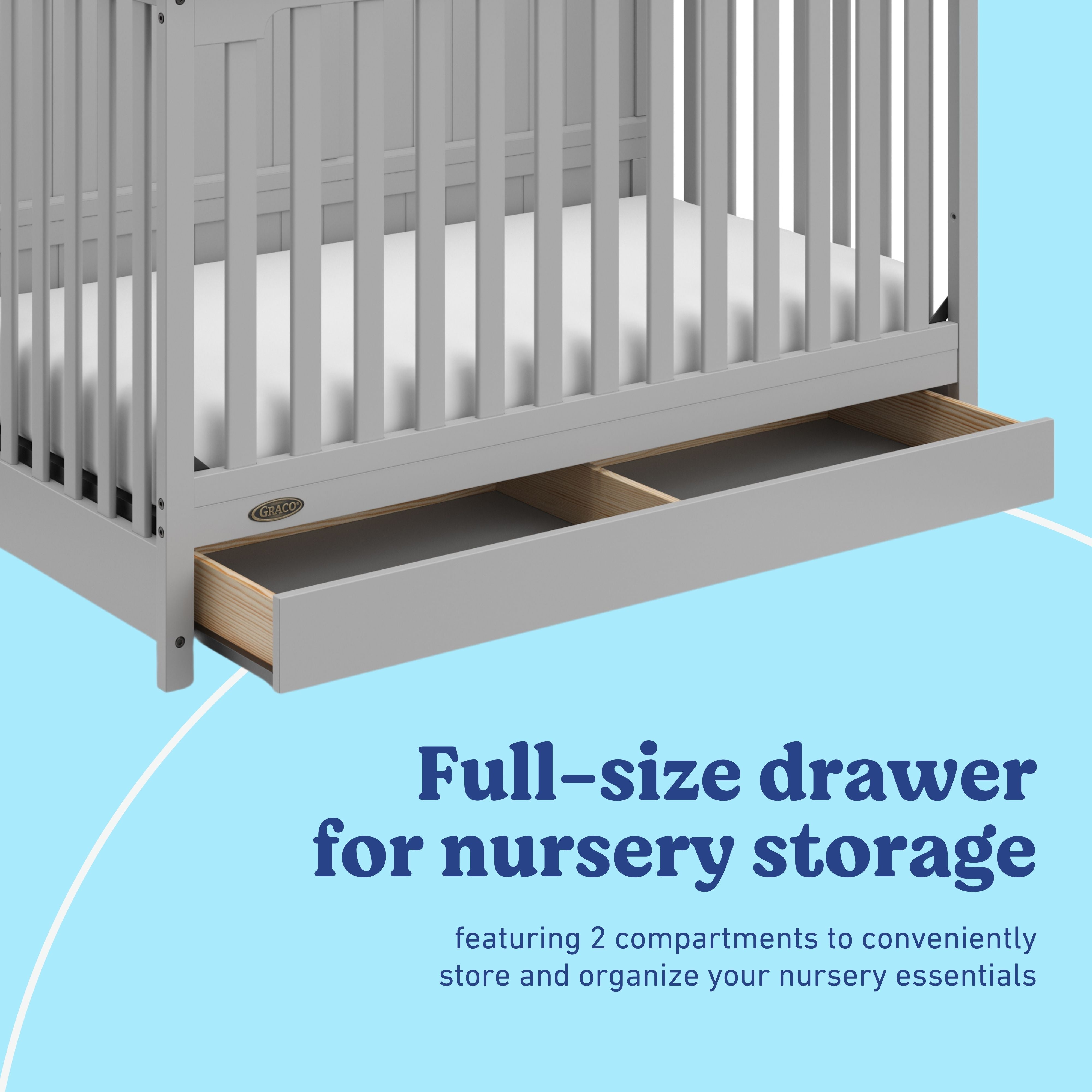 Hadley pebble gray crib with drawer storage callout