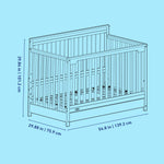 Hadley crib with drawer line drawing with dimensions