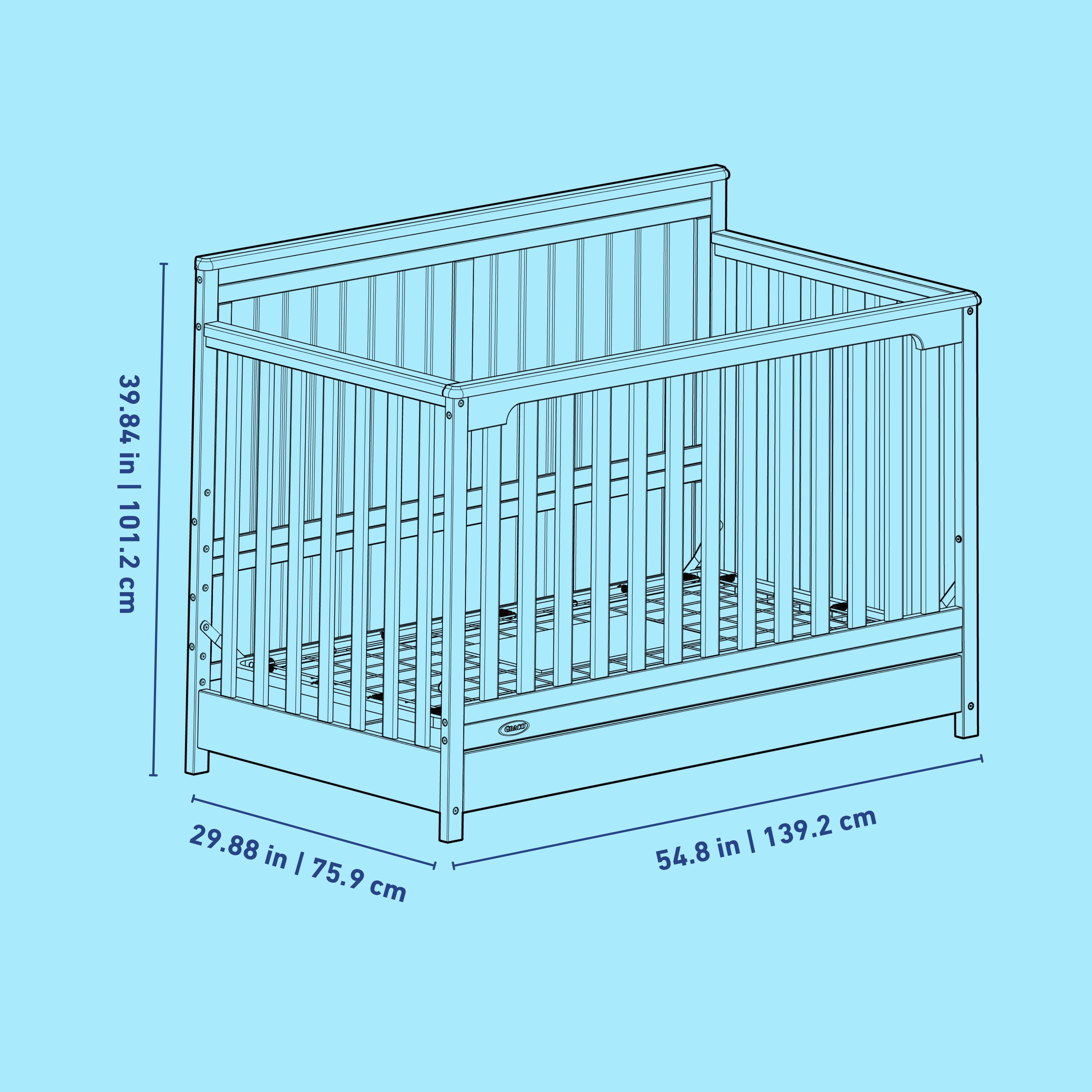 Hadley crib with drawer line drawing with dimensions