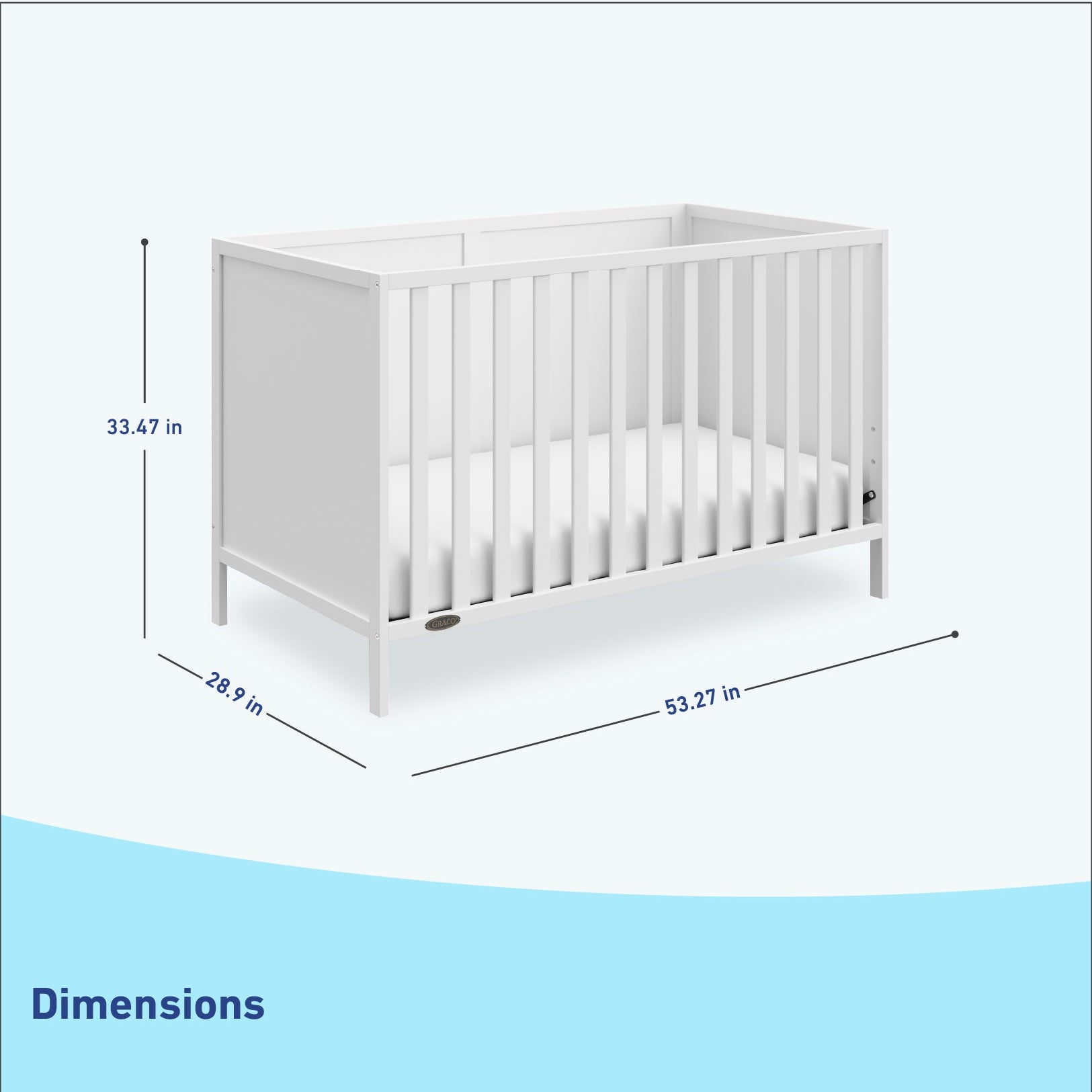 White crib dimensions graphic