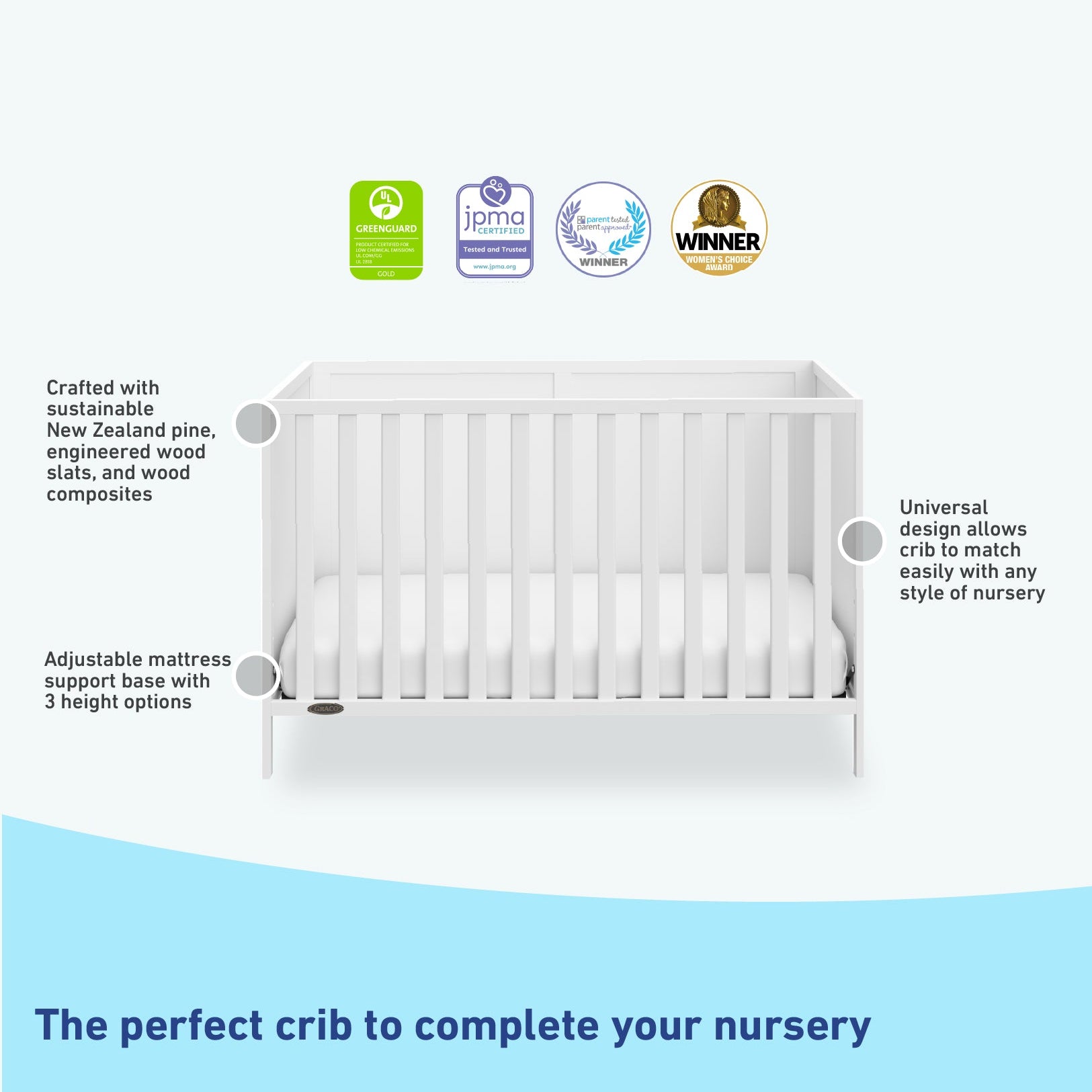 White crib features graphic