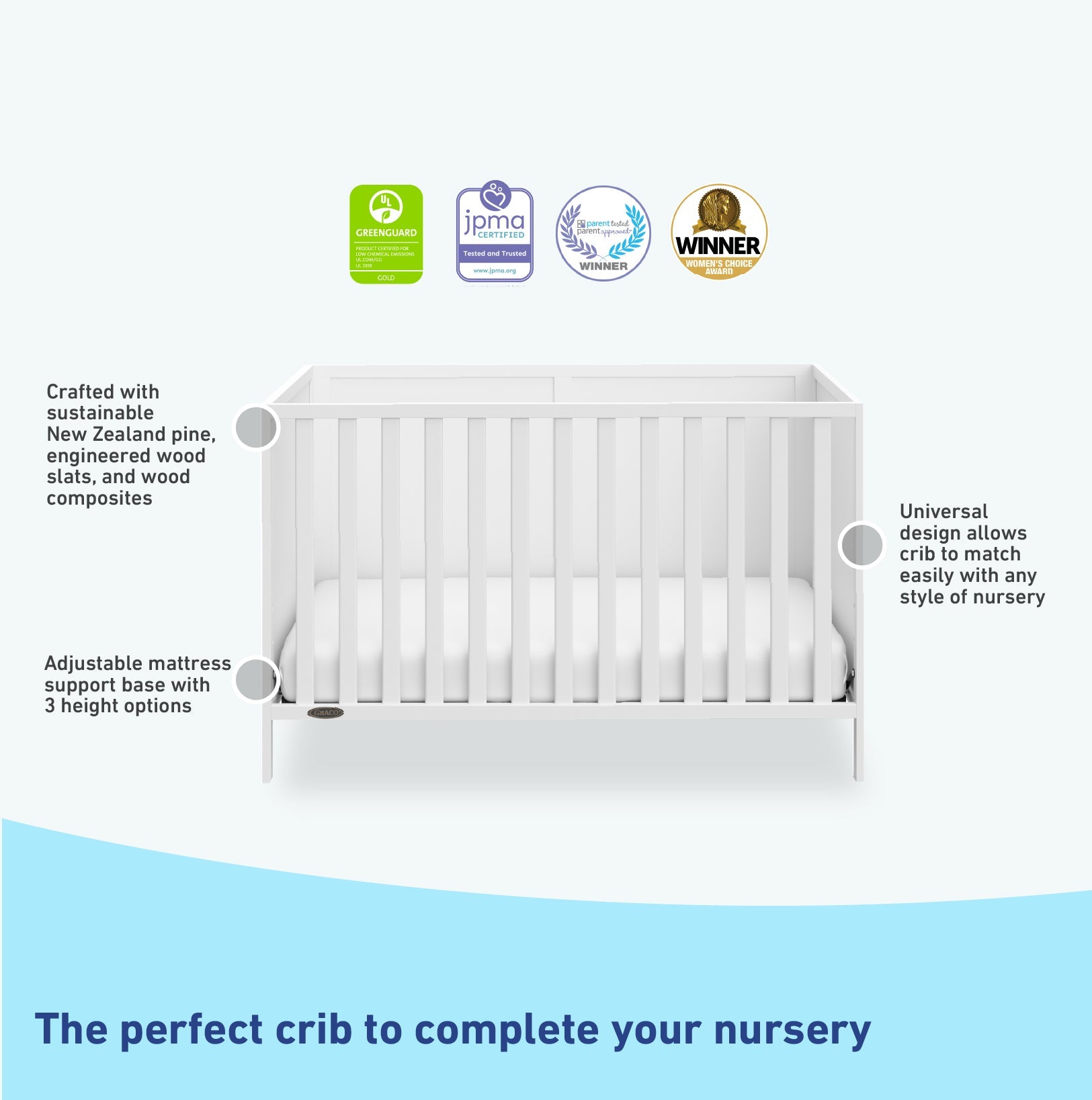White crib features graphic