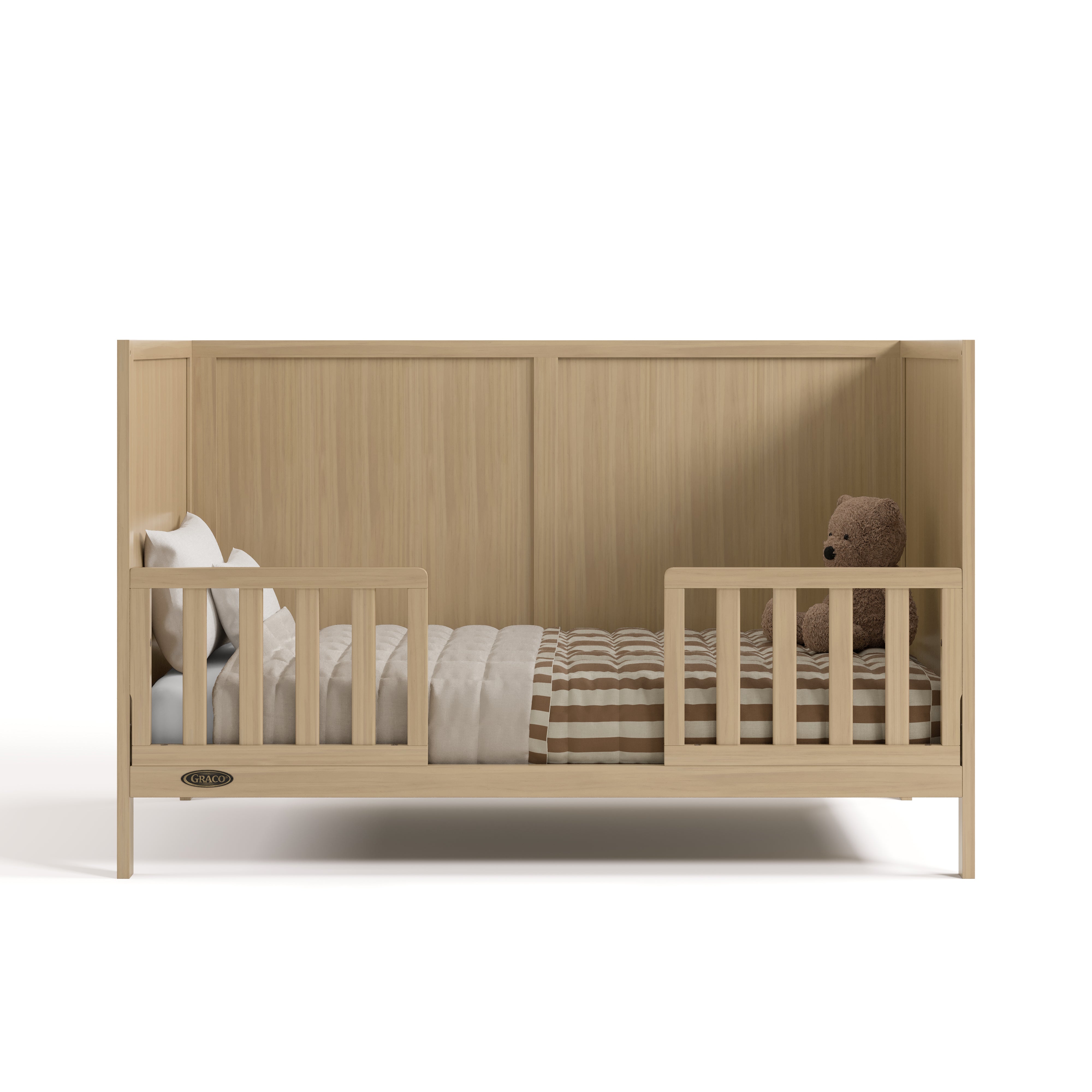 Theo driftwood crib converted to toddler bed