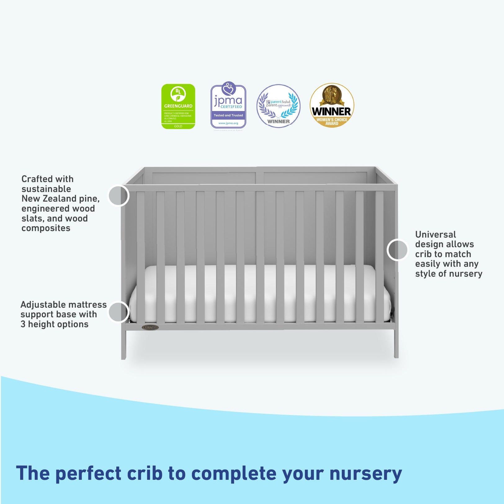 pebble gray crib features graphic