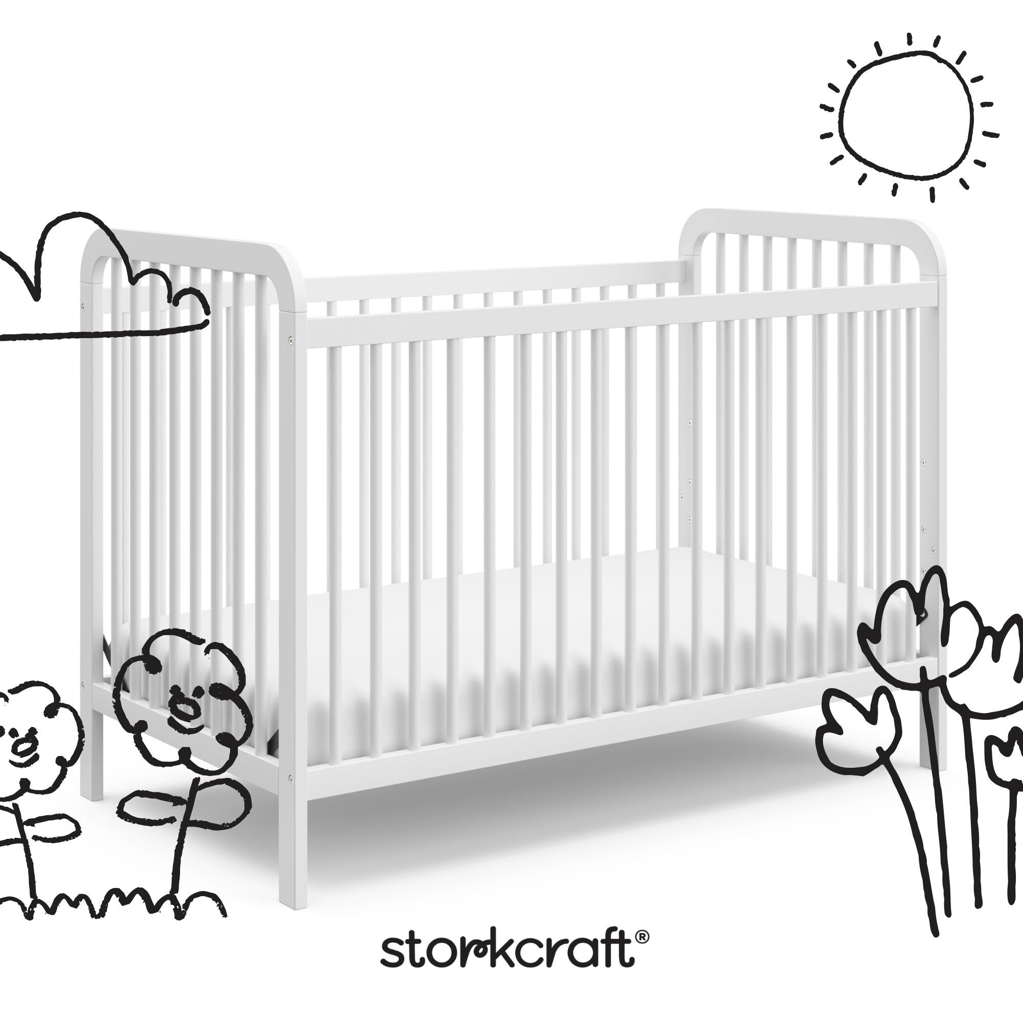 Pasadena white crib with black doodles overlaid on image