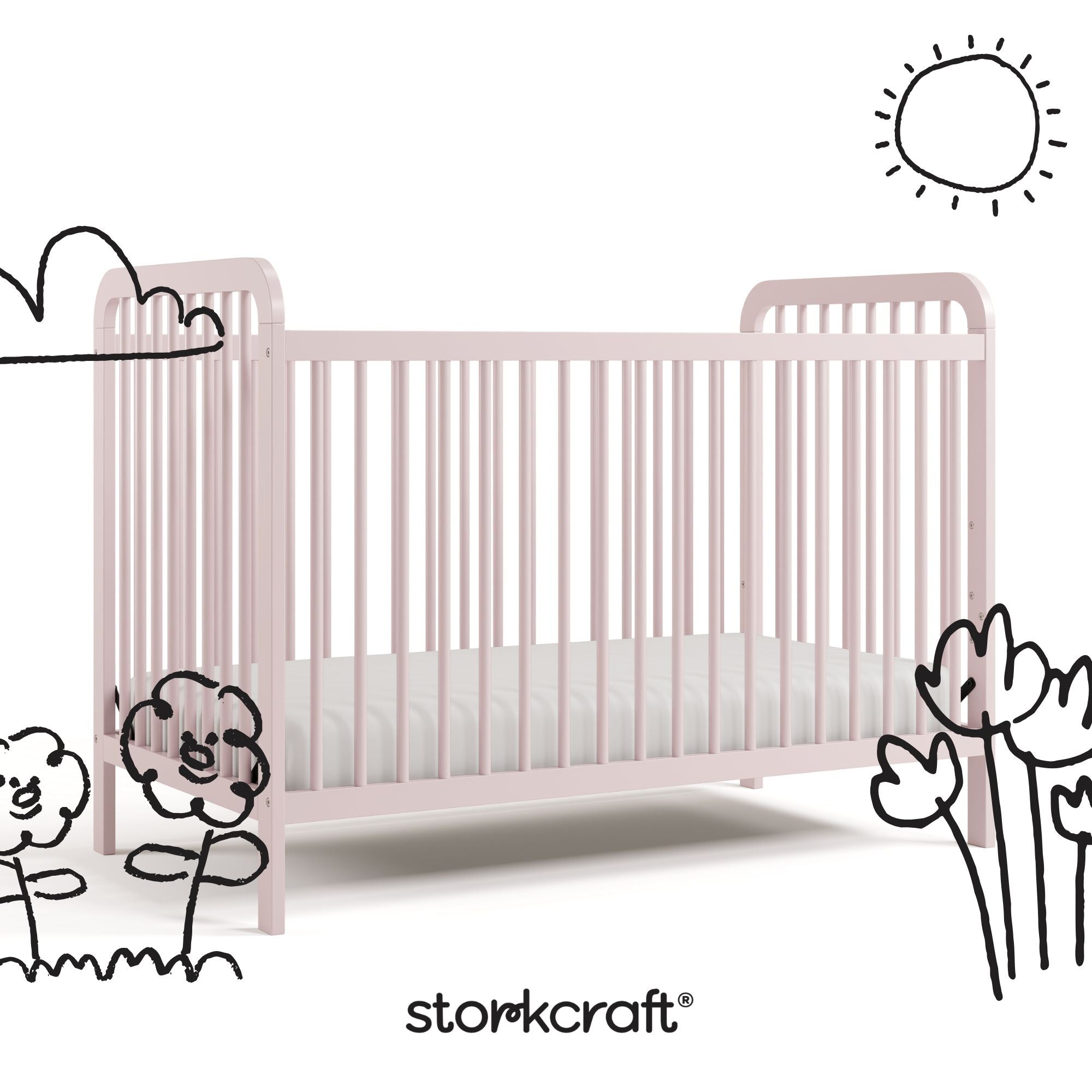 Pasadena blush crib with black doodles overlaid on image