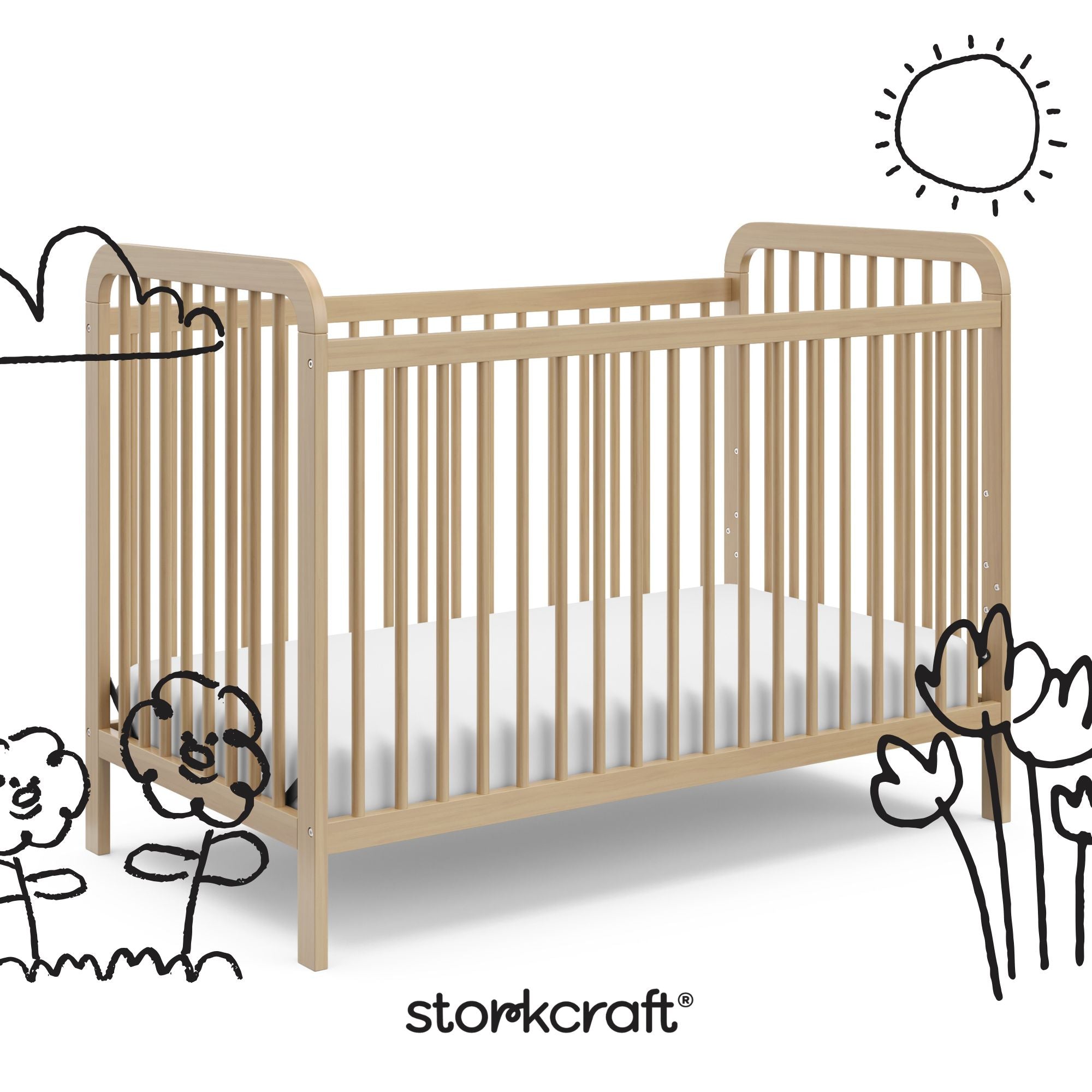 Pasadena driftwood crib with black doodles overlaid on image