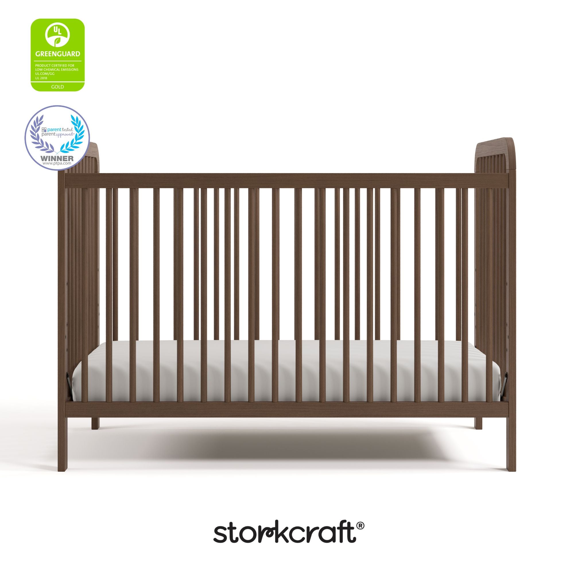 Pasadena hazelnut crib with GGG and PTPA logo on top left
