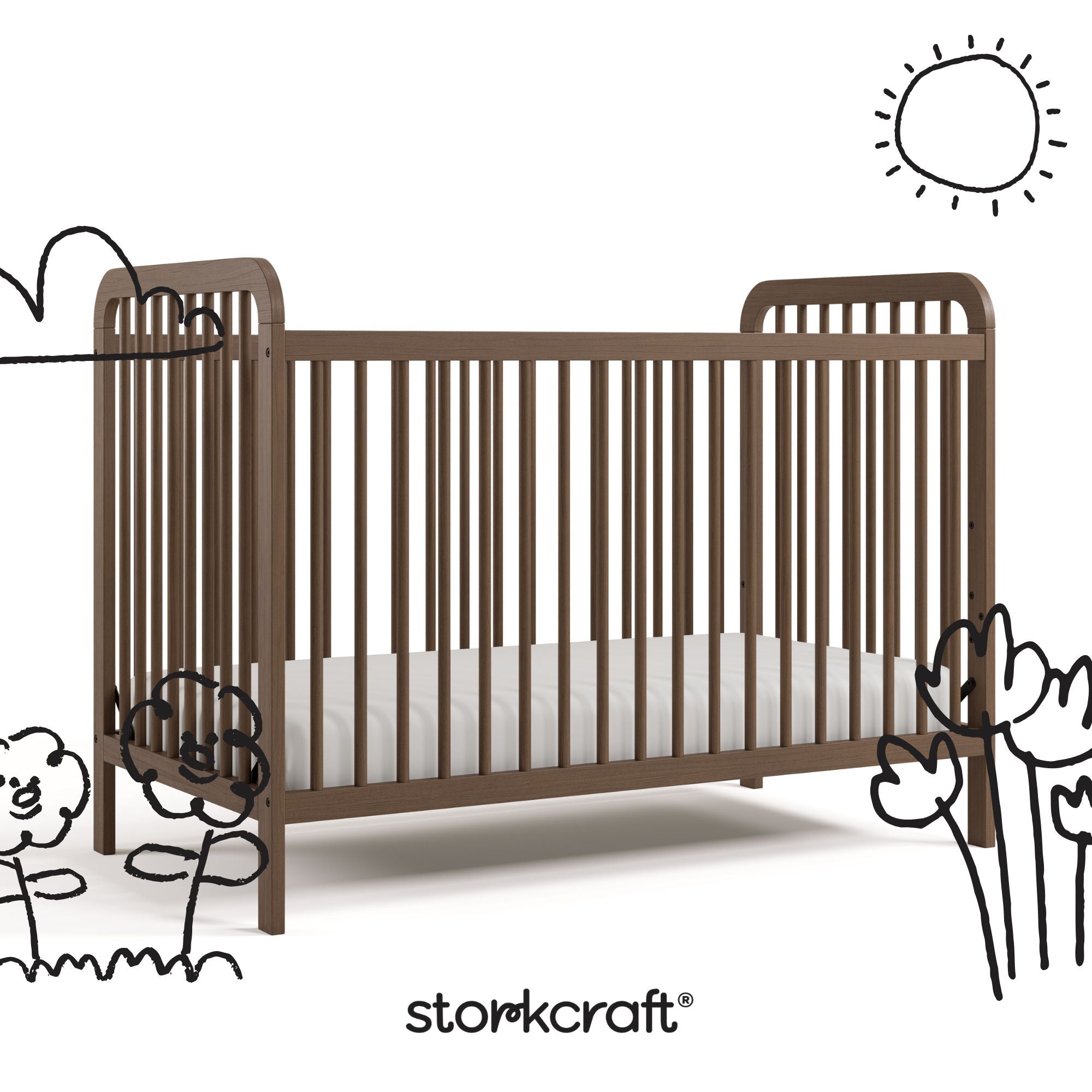 Pasadena hazelnut crib with black doodles overlaid on image