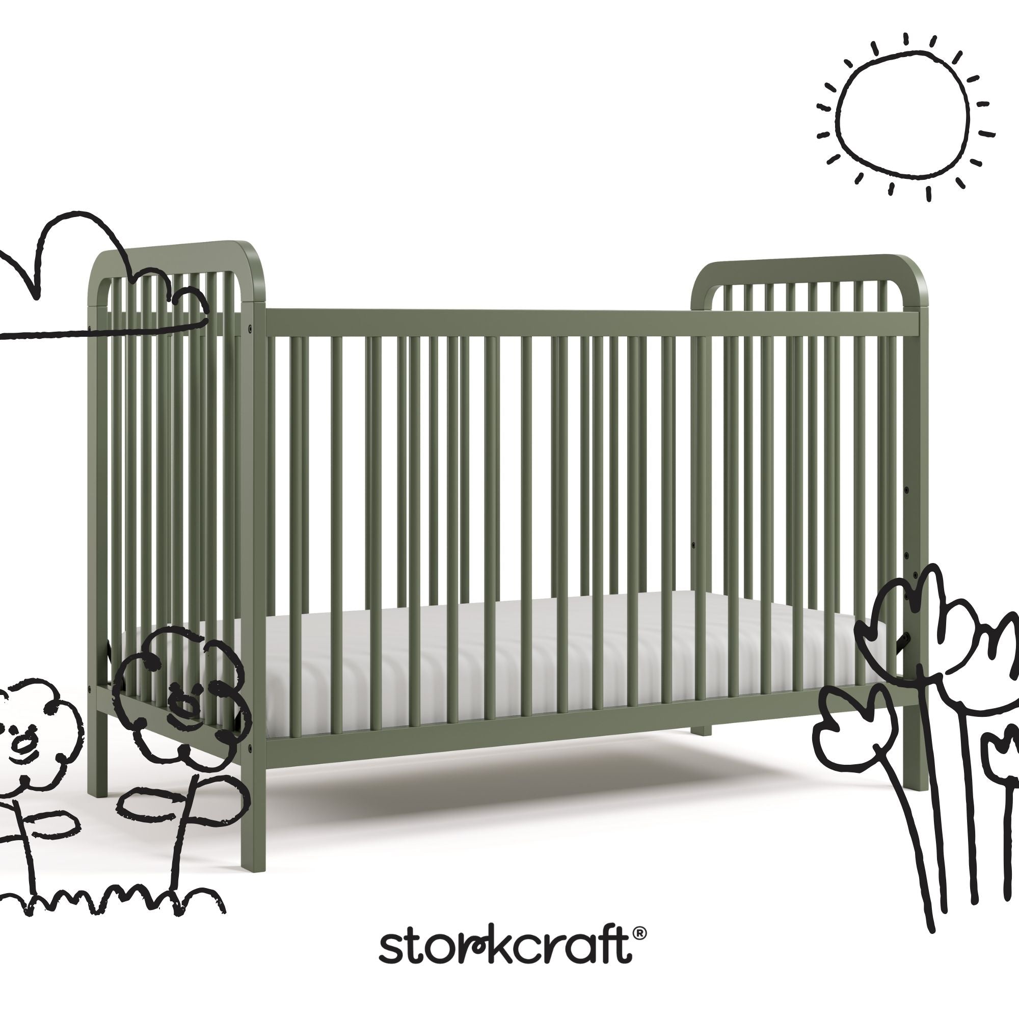 Pasadena olive crib with black doodles overlaid on image