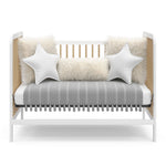 White with driftwood crib in daybed conversion with bedding