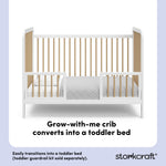 Pasadena white with driftwood crib toddler bed conversion callout