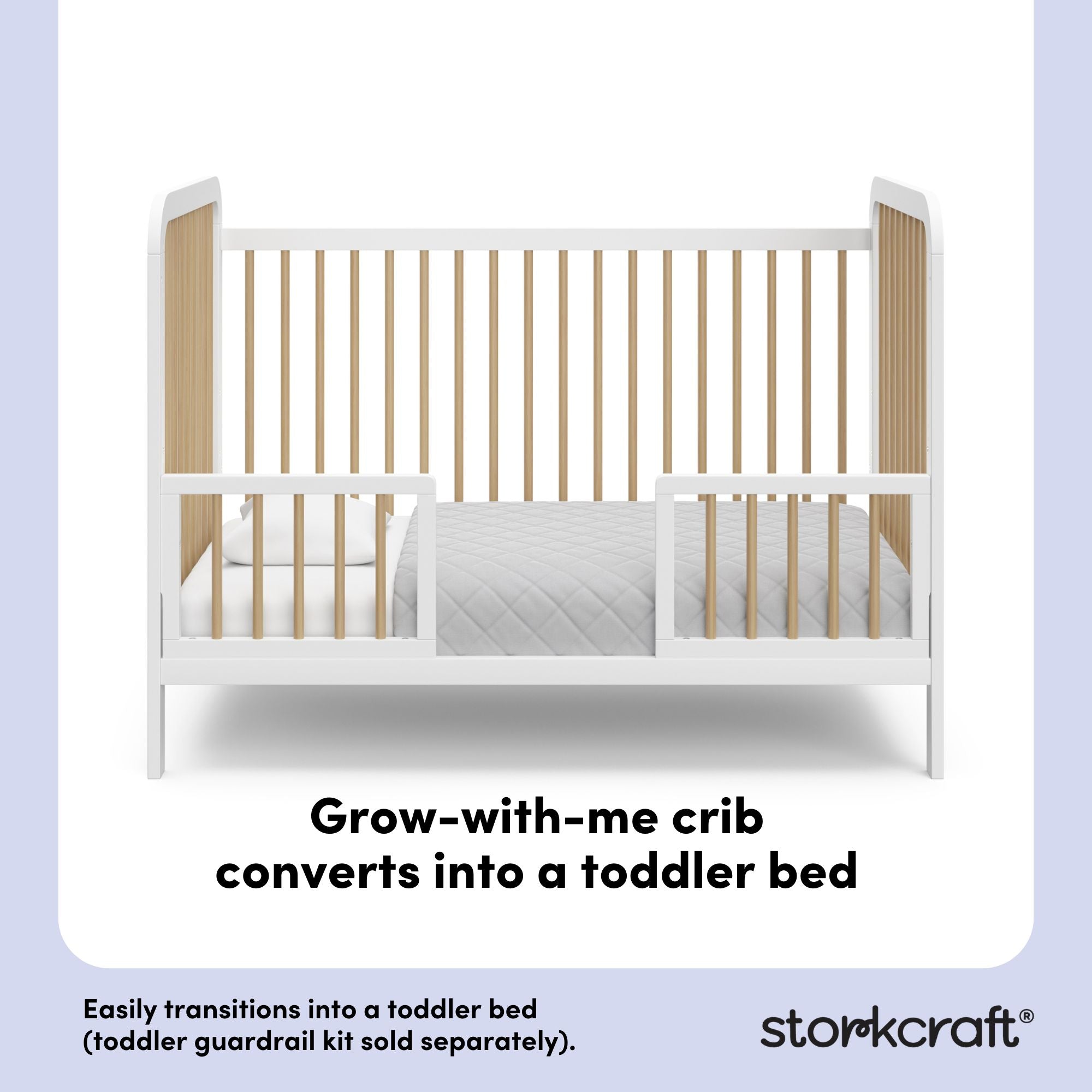 Pasadena white with driftwood crib toddler bed conversion callout