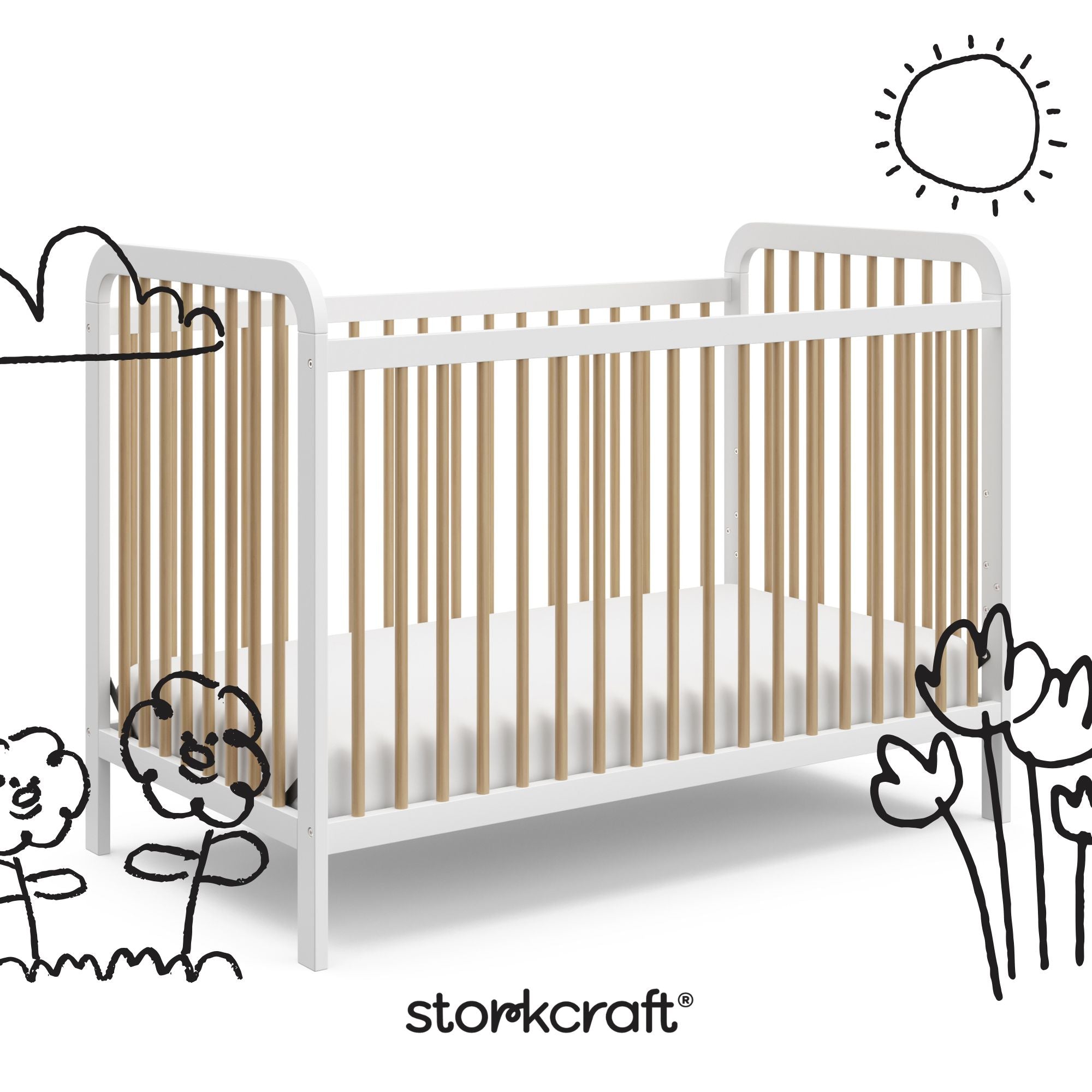 Pasadena white with driftwood crib with black doodles overlaid on image