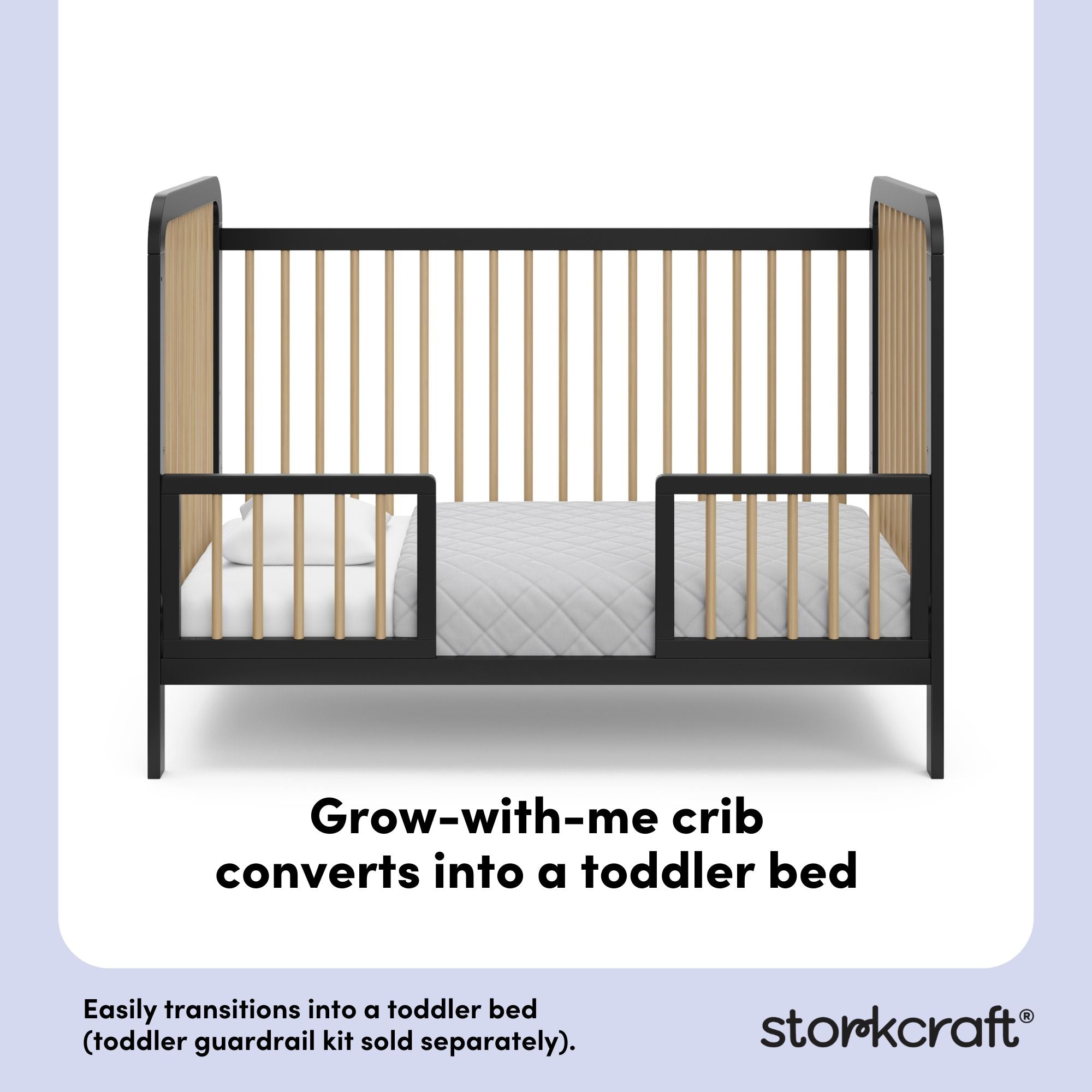 Pasadena black with driftwood crib toddler bed conversion callout