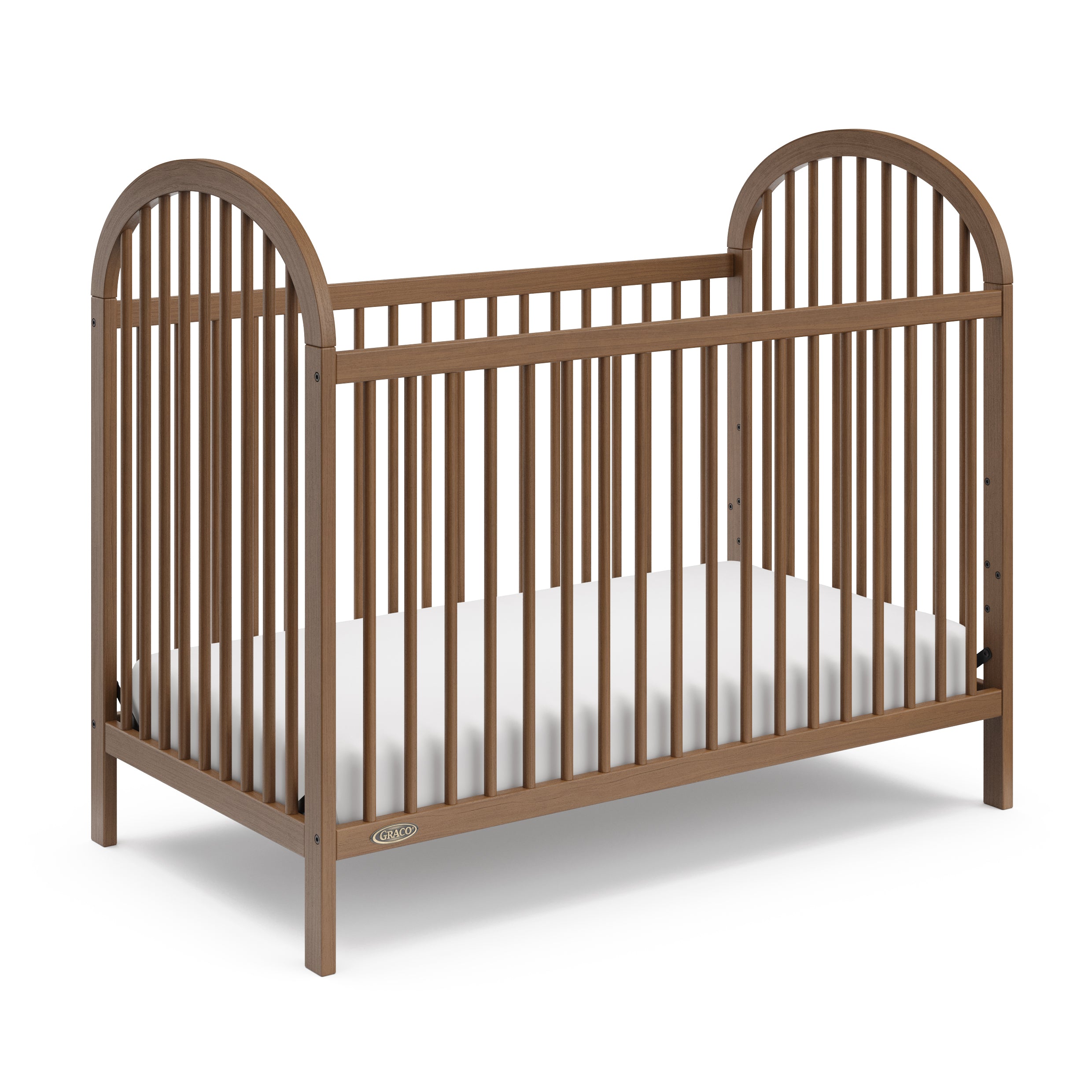 olivia hazelnut crib angle view