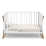  white with vintage driftwood crib, toddler bed conversion with one guardrail