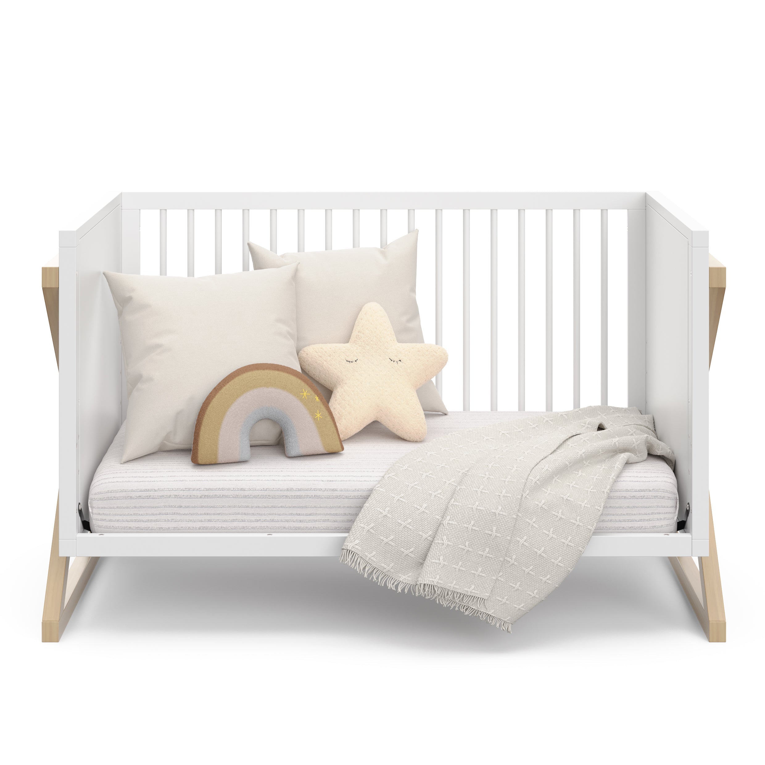 white with driftwood crib, toddler bed conversion