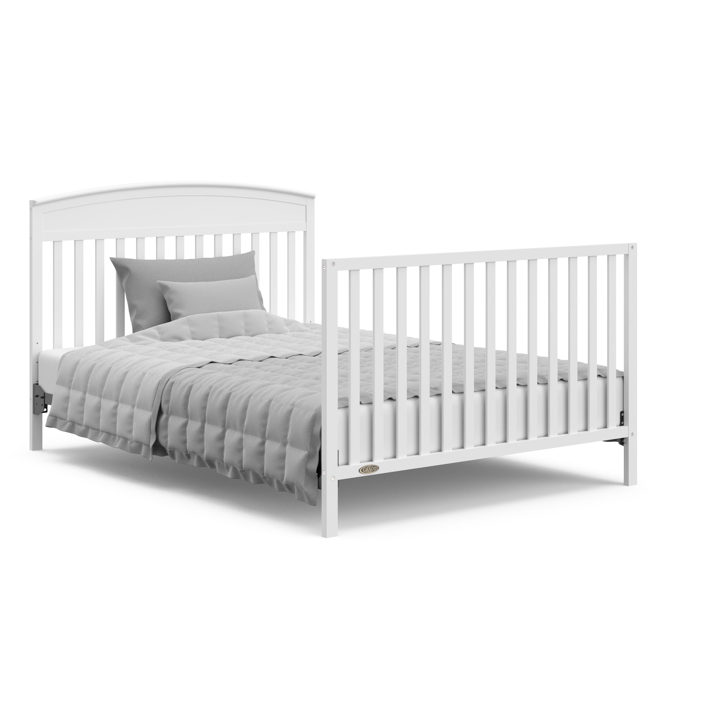 Benton white crib converted to full-size bed with footboard