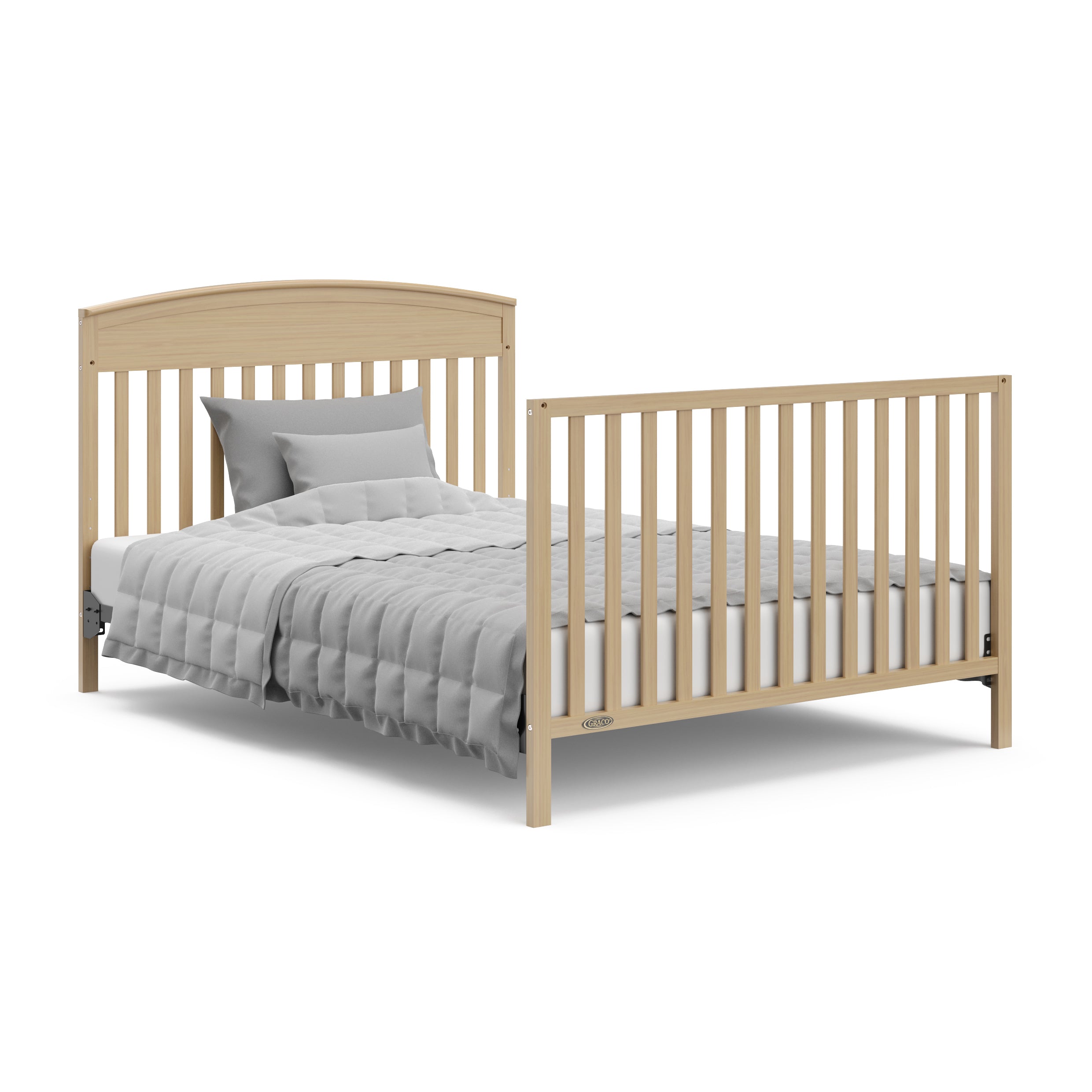 Benton driftwood crib converted to full-size bed with footboard