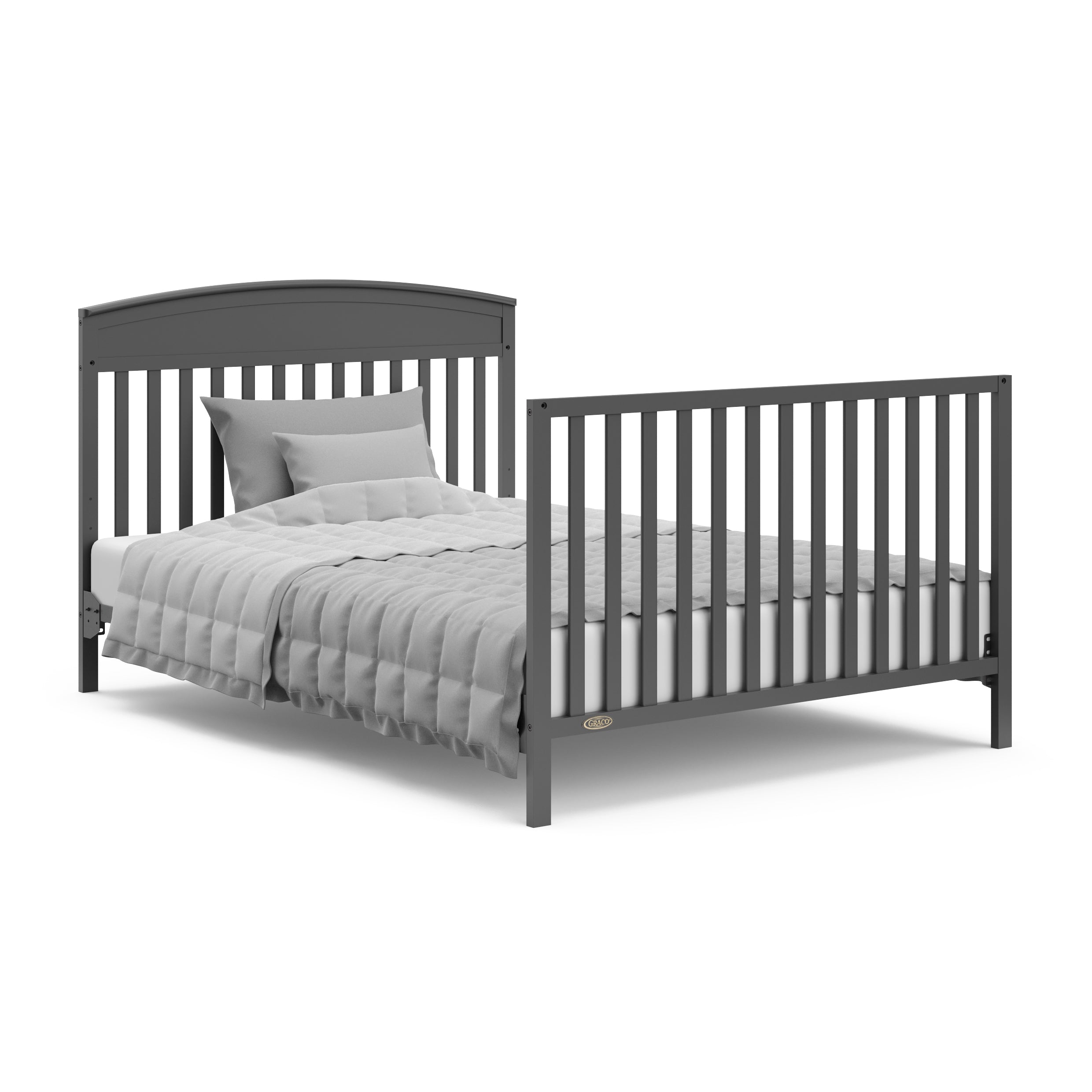 Benton gray crib converted to full-size bed with footboard
