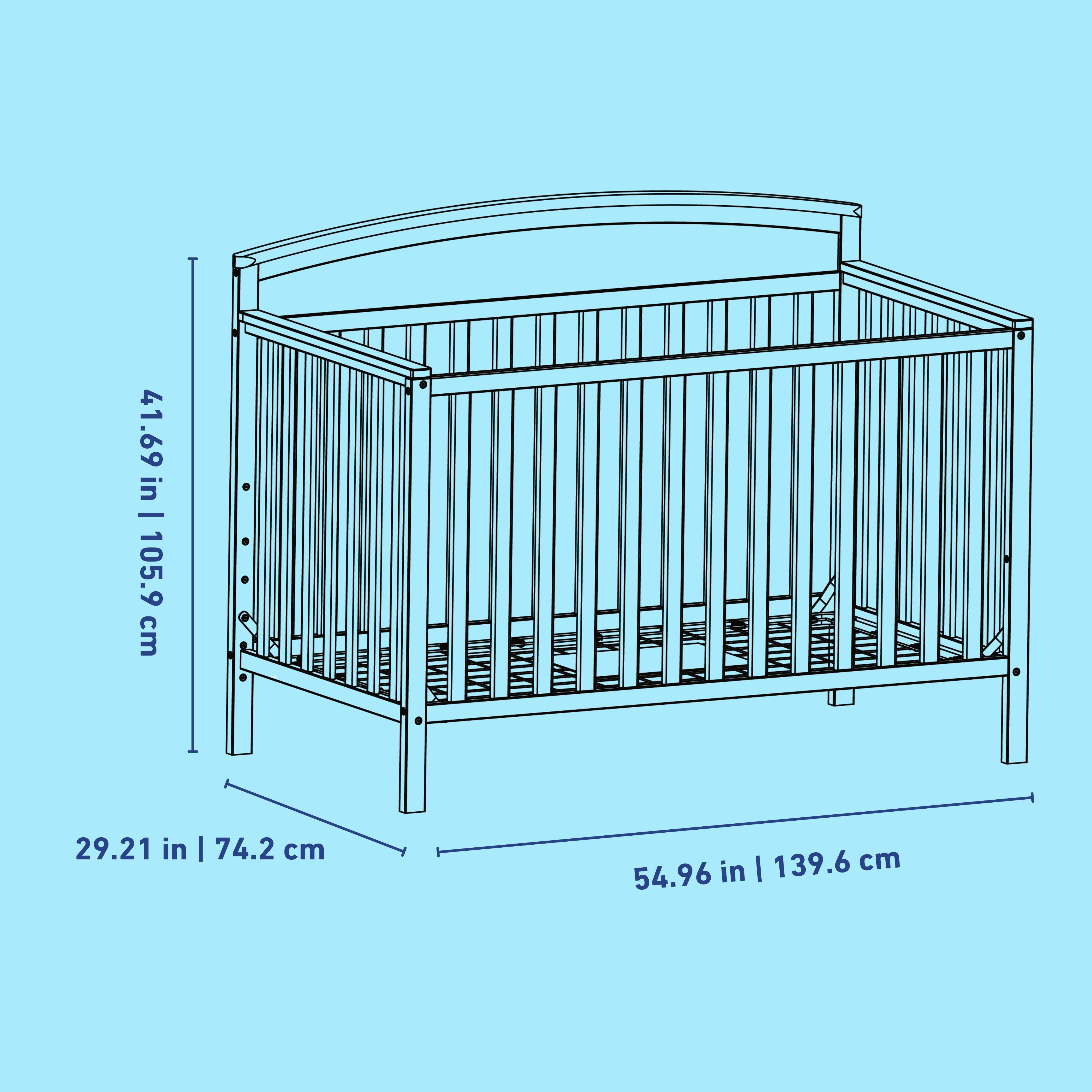 Benton crib conversions line drawing with dimensions