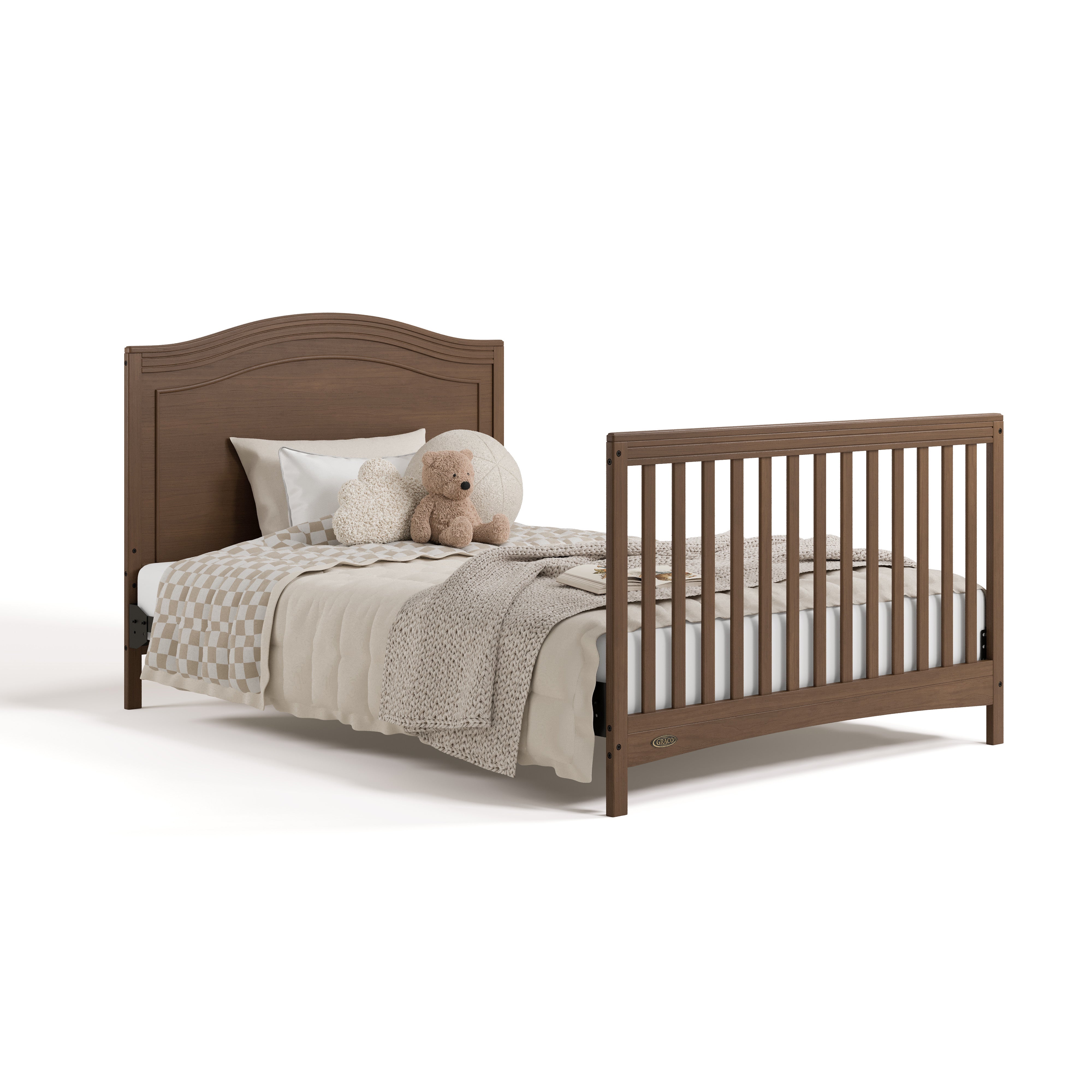 Paris hazelnut crib converted to full bed with footboard