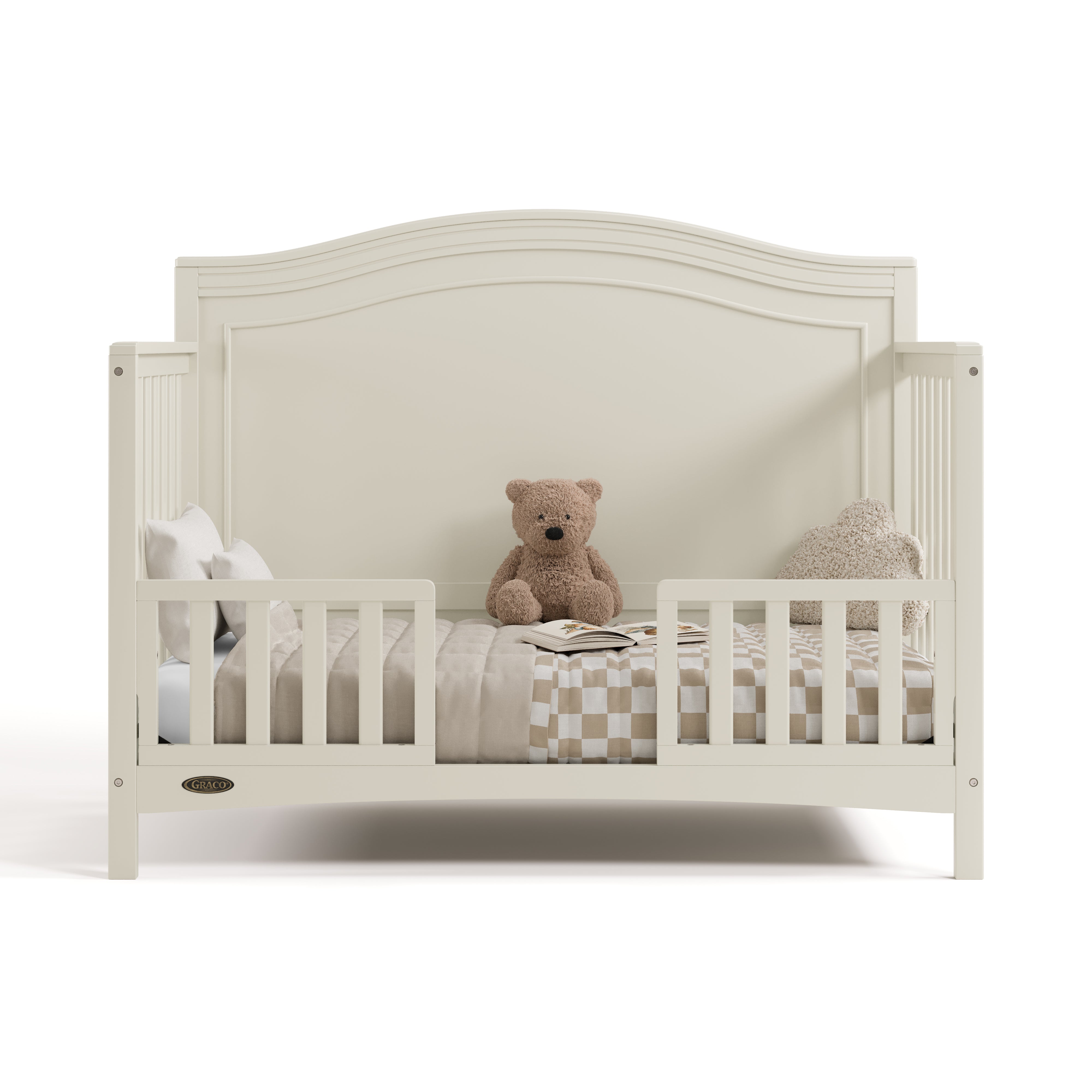 Paris frosted oat crib converted to toddler bed with two guardrails