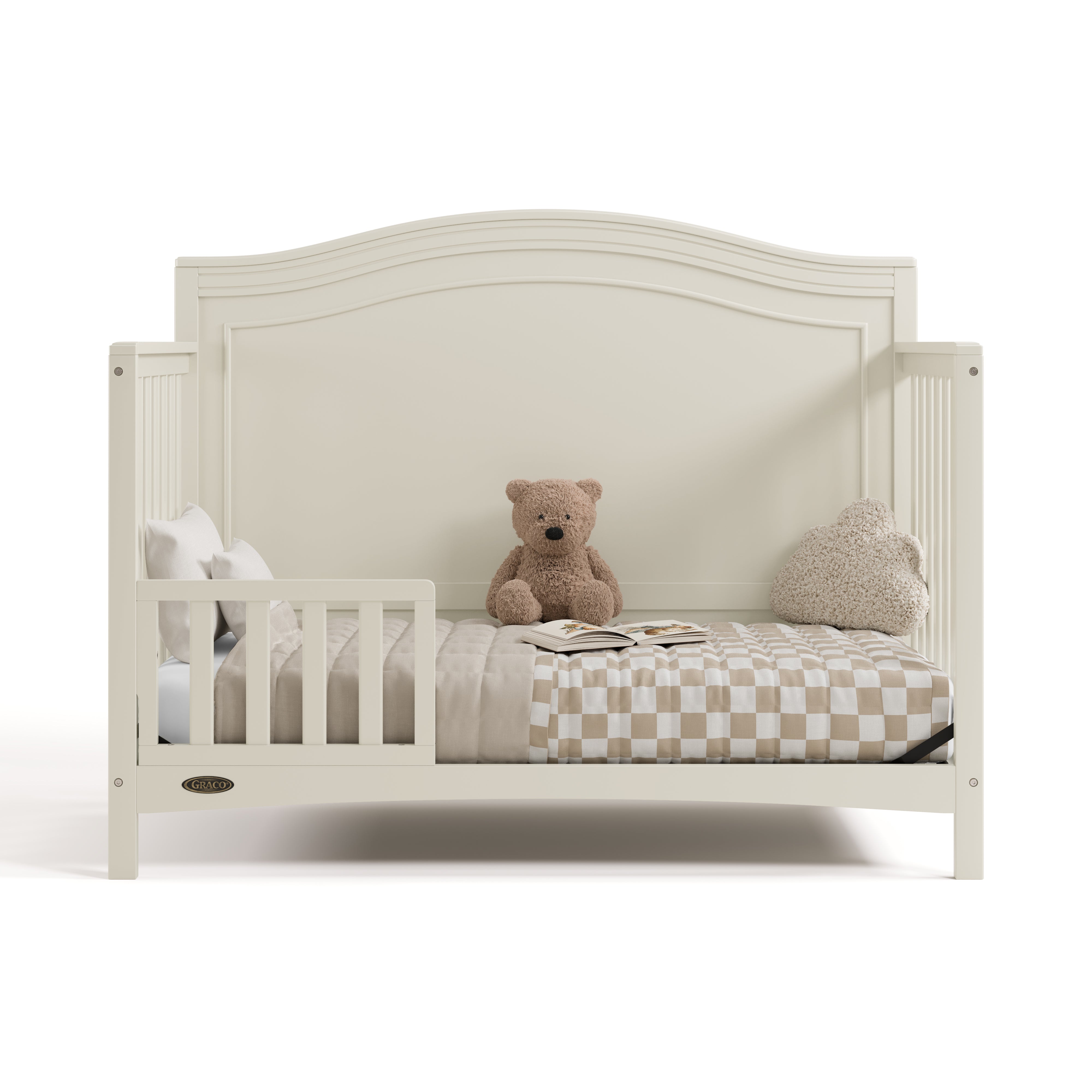 Paris frosted oat crib converted to toddler bed with one guardrail
