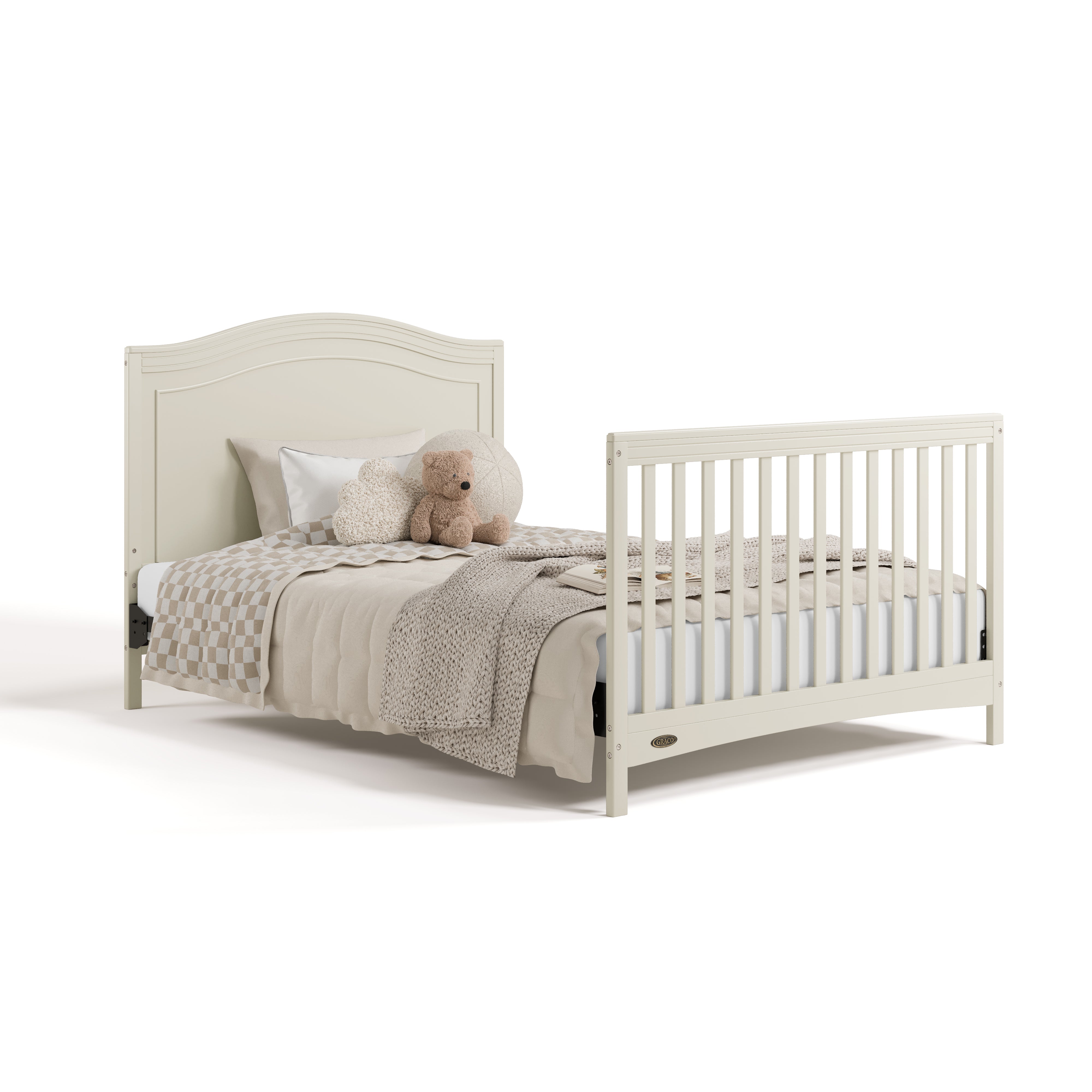 Paris frosted oat crib converted to full bed with footboard