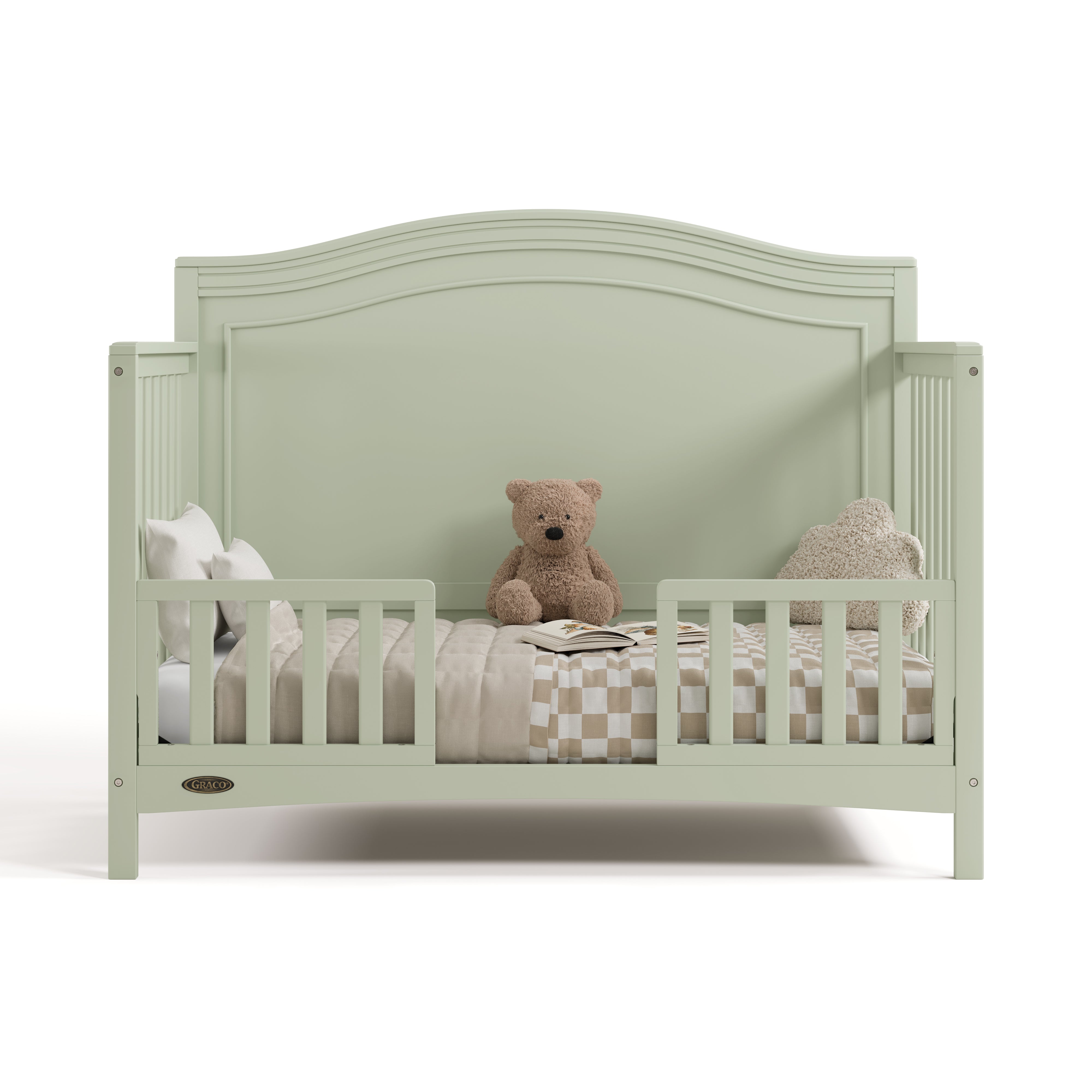 Paris sage crib converted to toddler bed with two guardrails