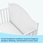 Close-up view of white crib's headboard graphic