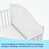 Close-up view of white crib's headboard graphic