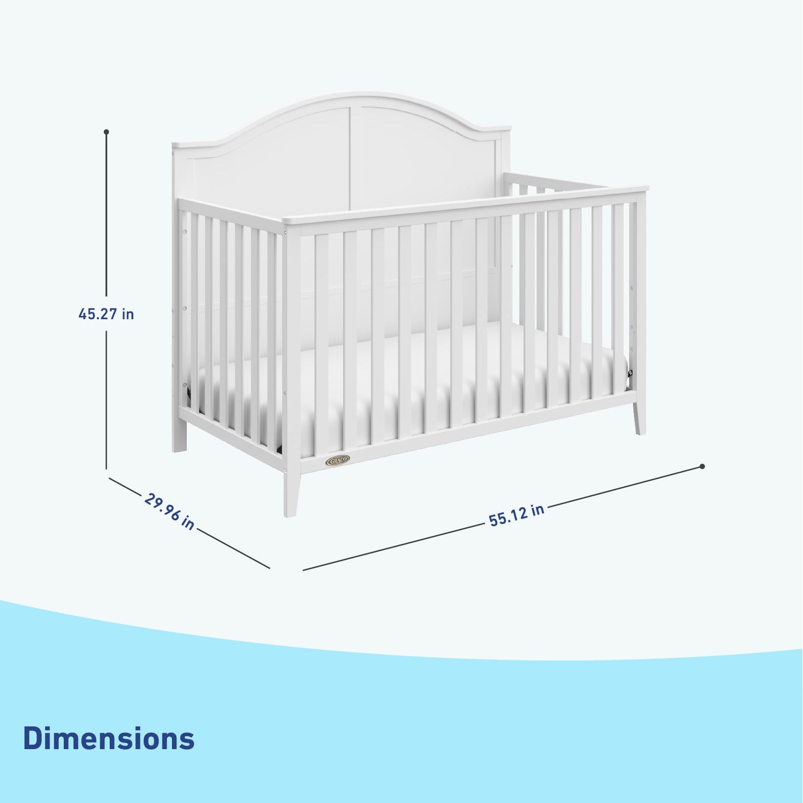 White crib dimensions graphic