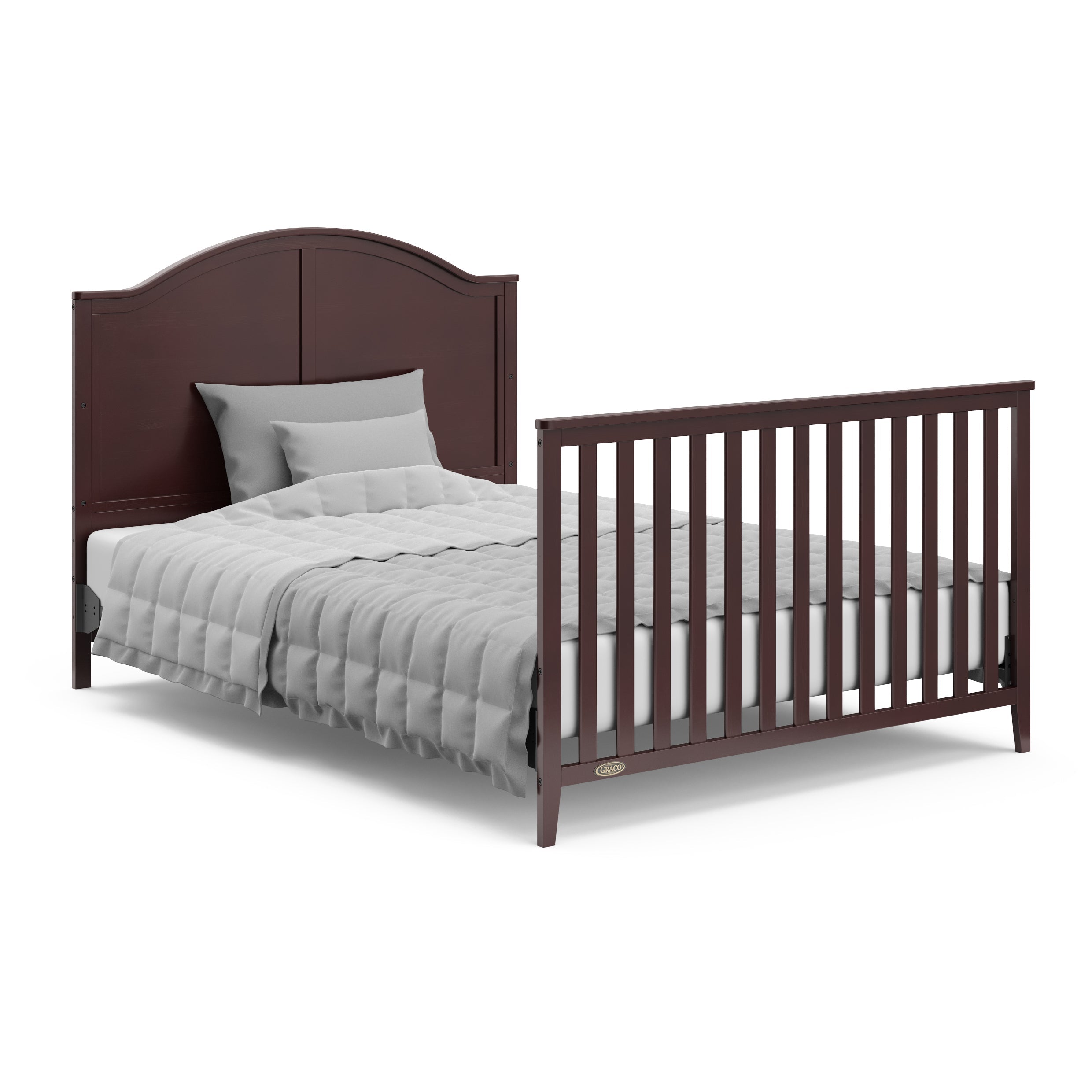 espresso crib in full-size bed with headboard and footboard conversion