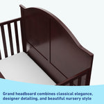 Close-up view of espresso crib's headboard