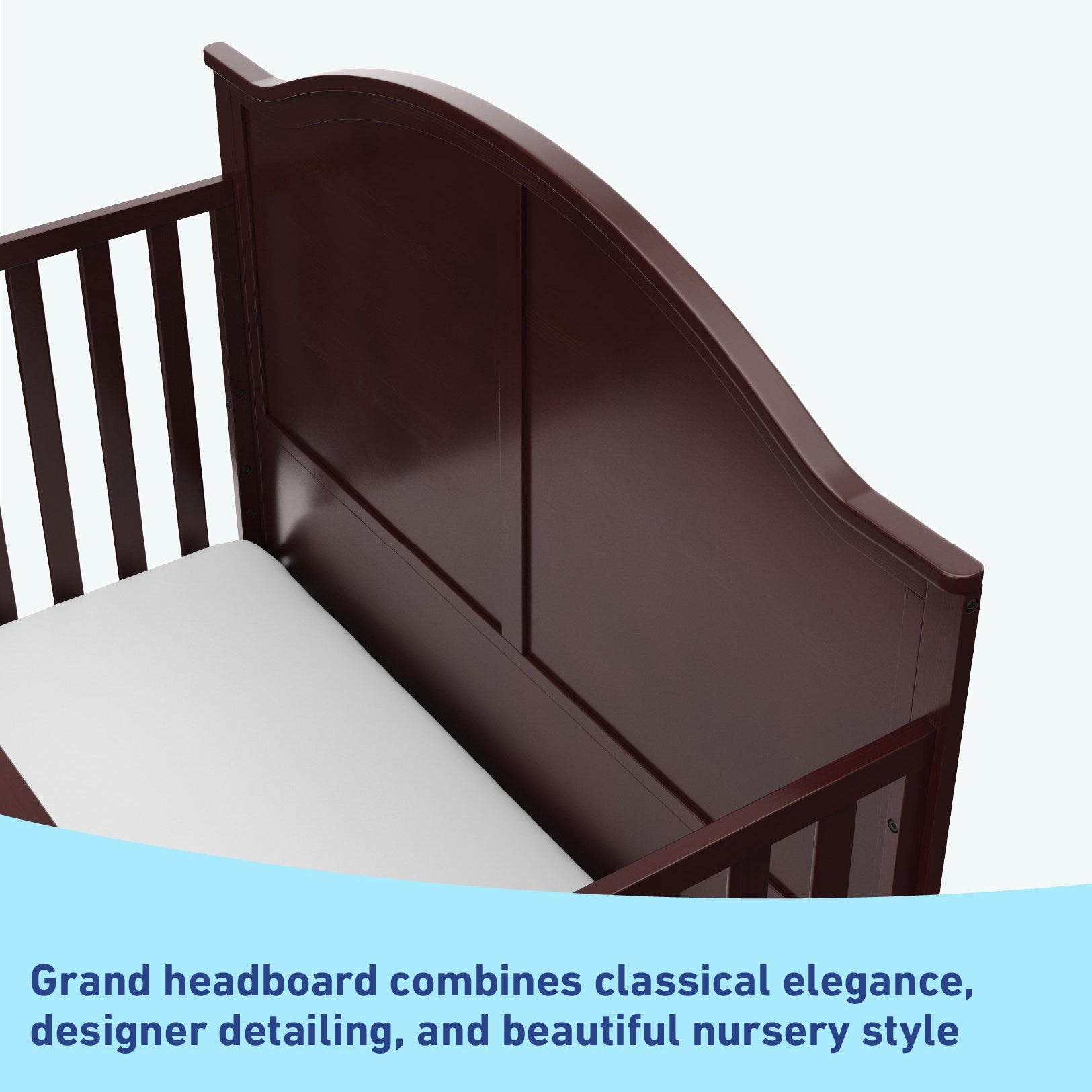 Close-up view of espresso crib's headboard