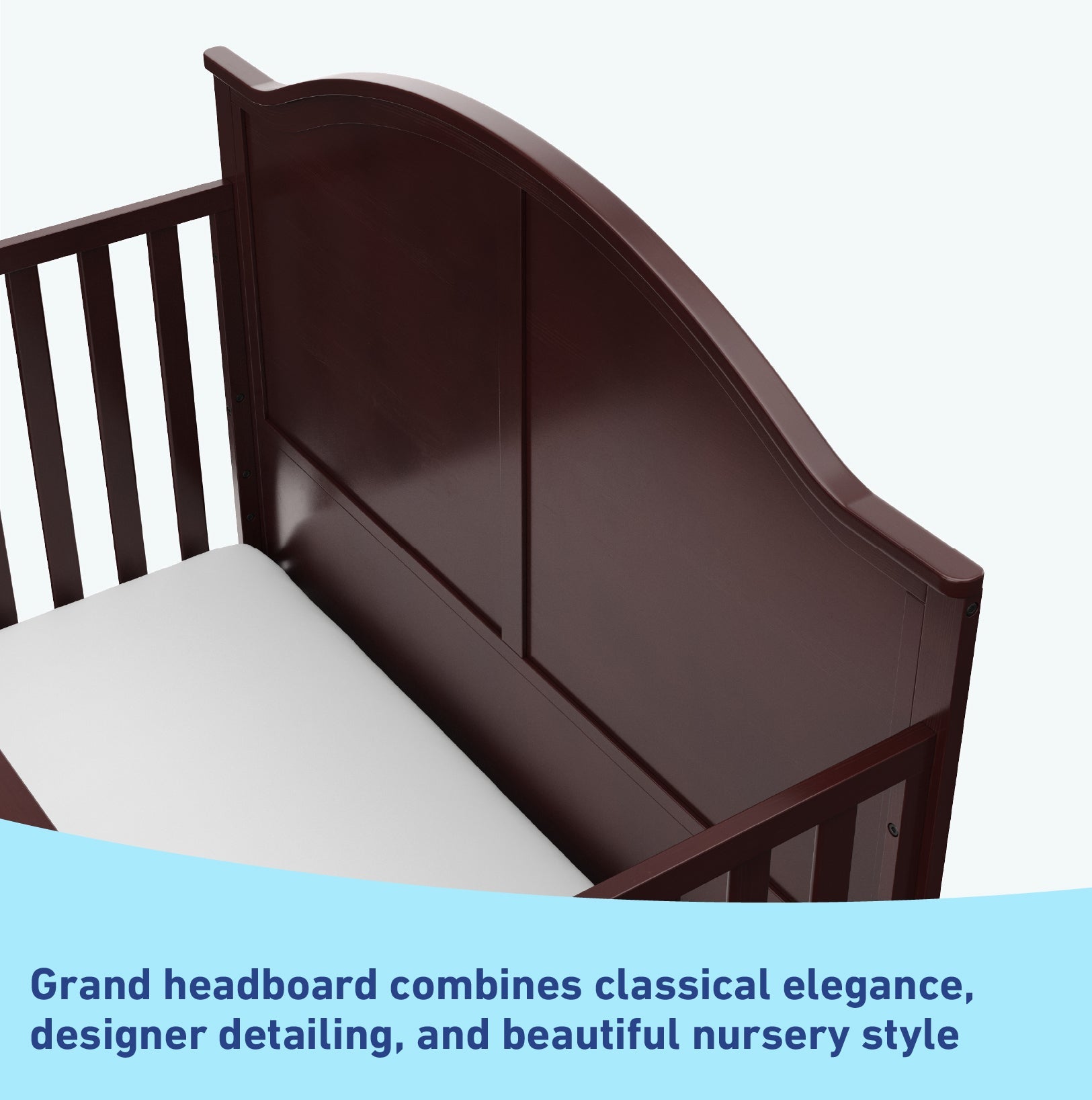 Close-up view of espresso crib's headboard