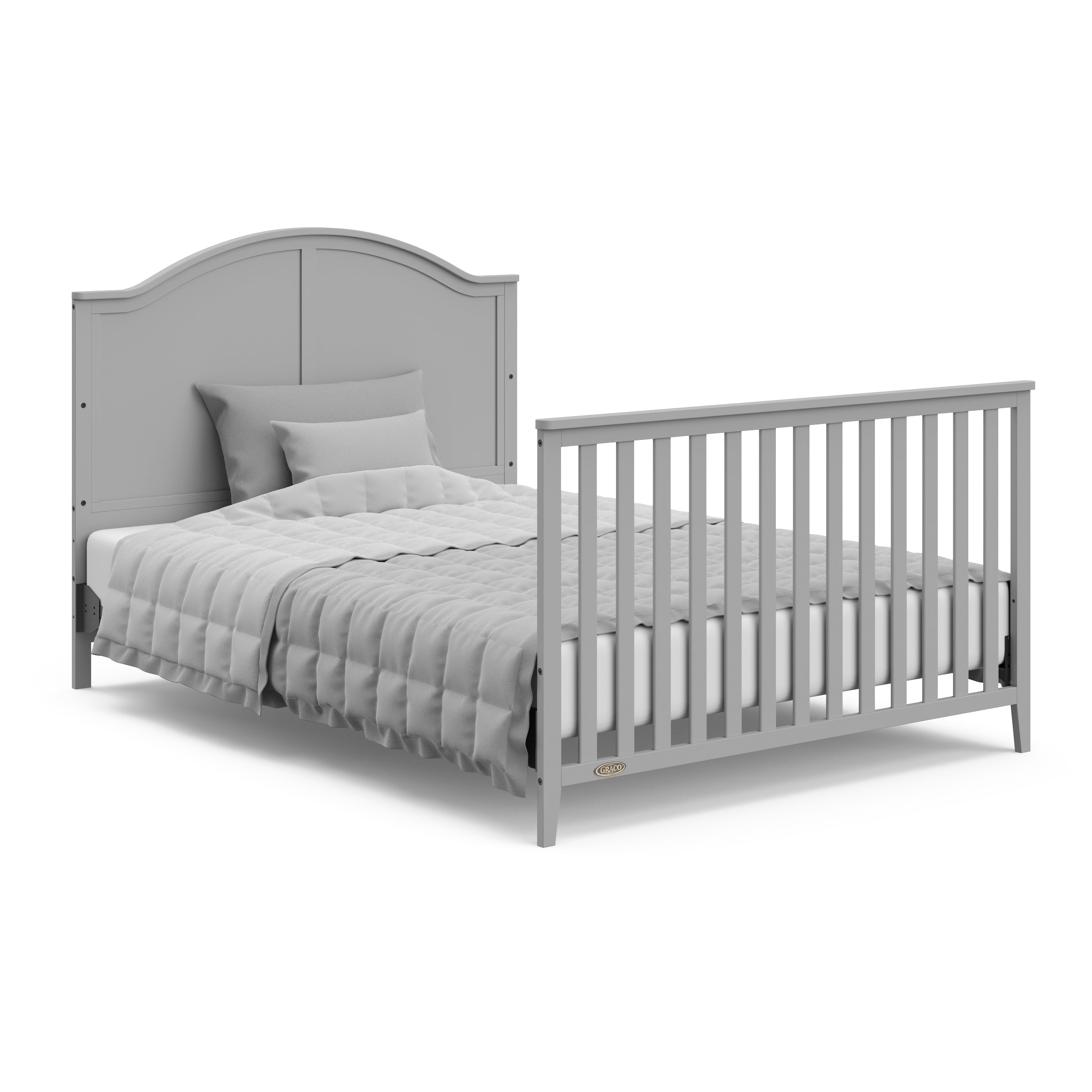 pebble gray crib in full-size bed with headboard and footboard conversion