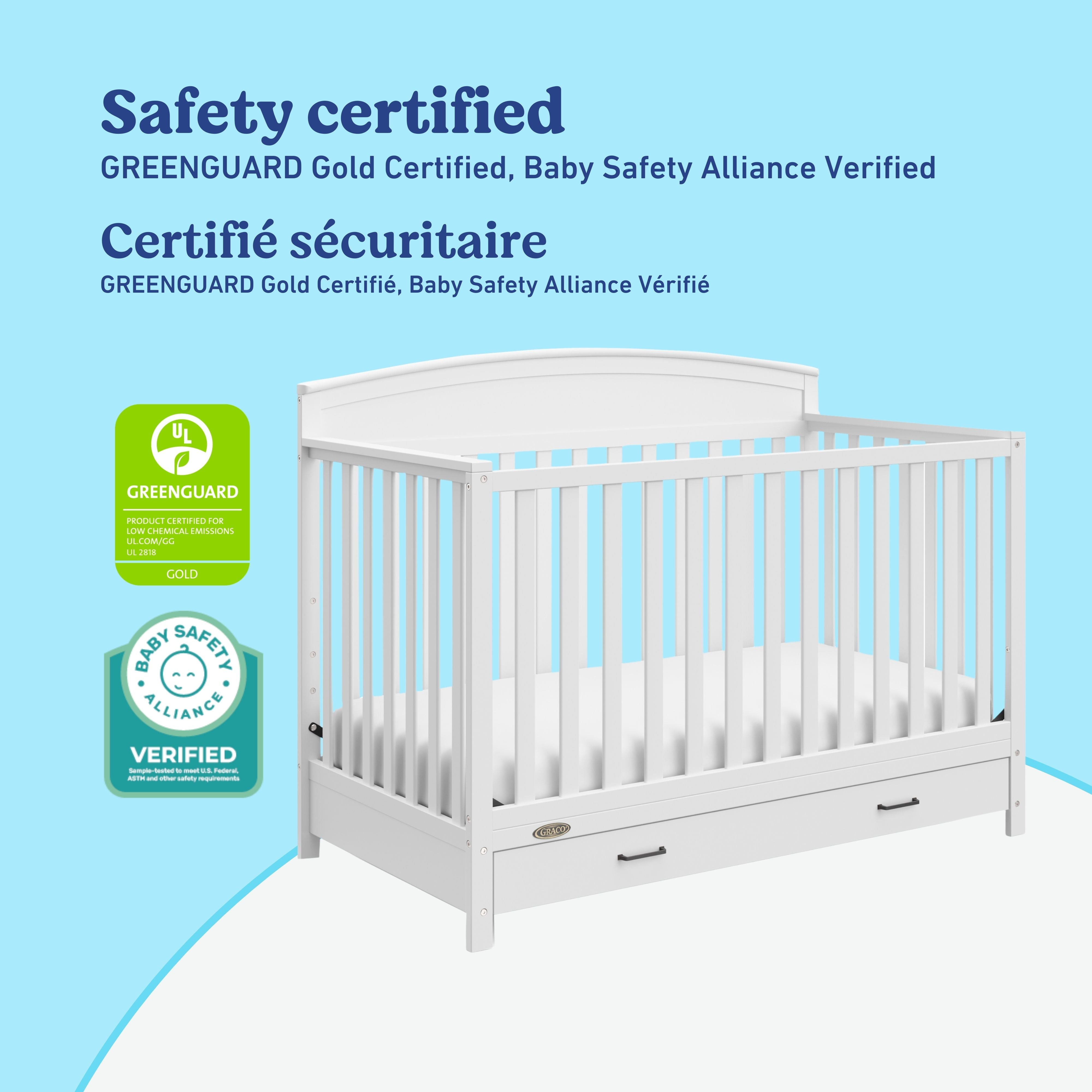 Benton white crib with drawer certifications callout