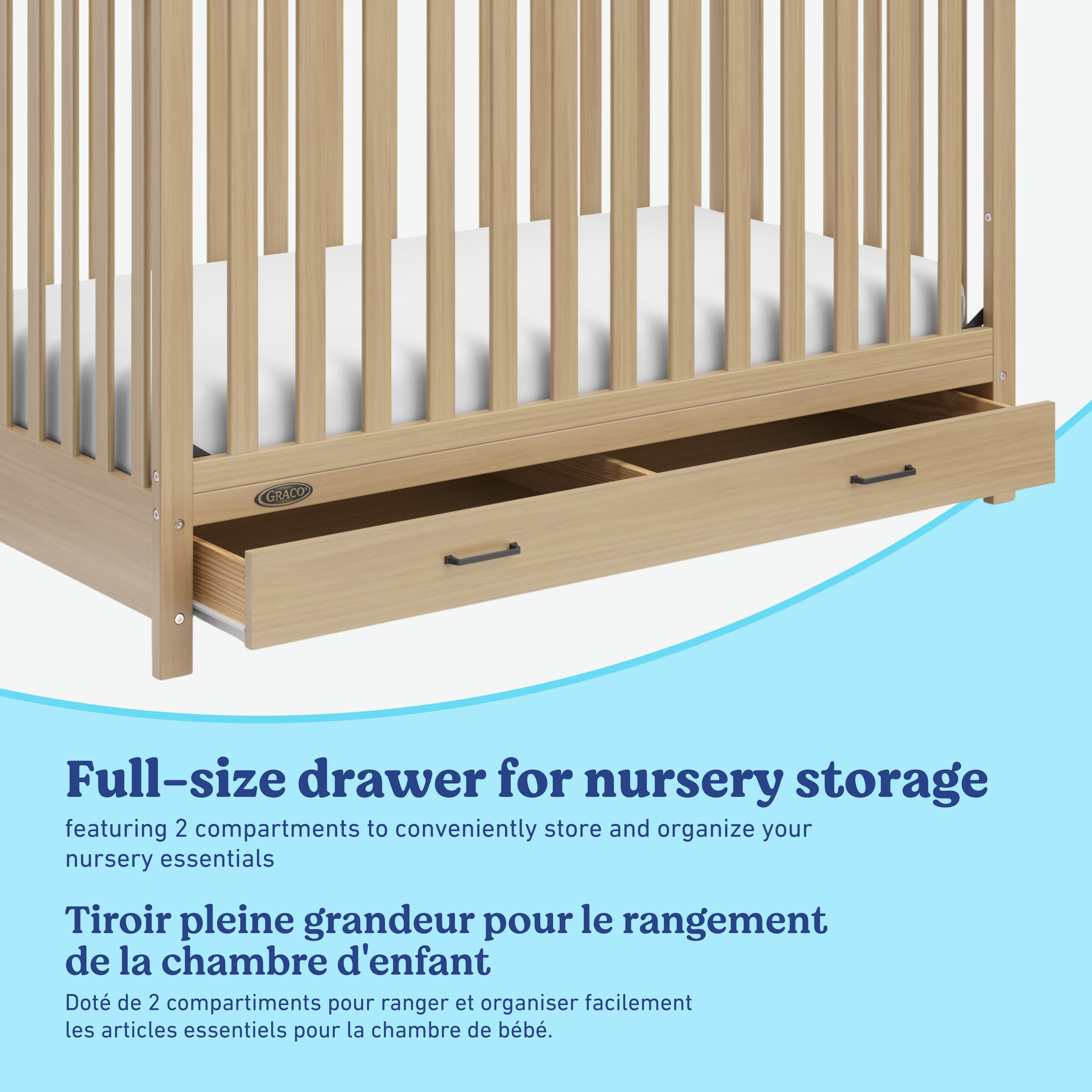 Benton driftwood crib with drawer storage callout